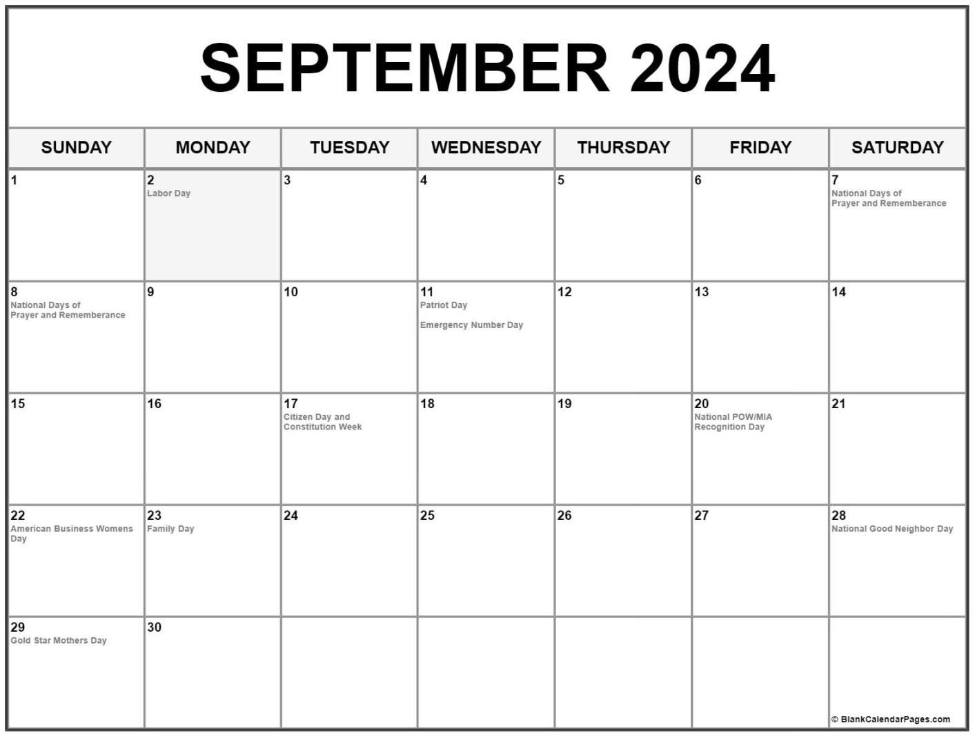 September  with holidays calendar