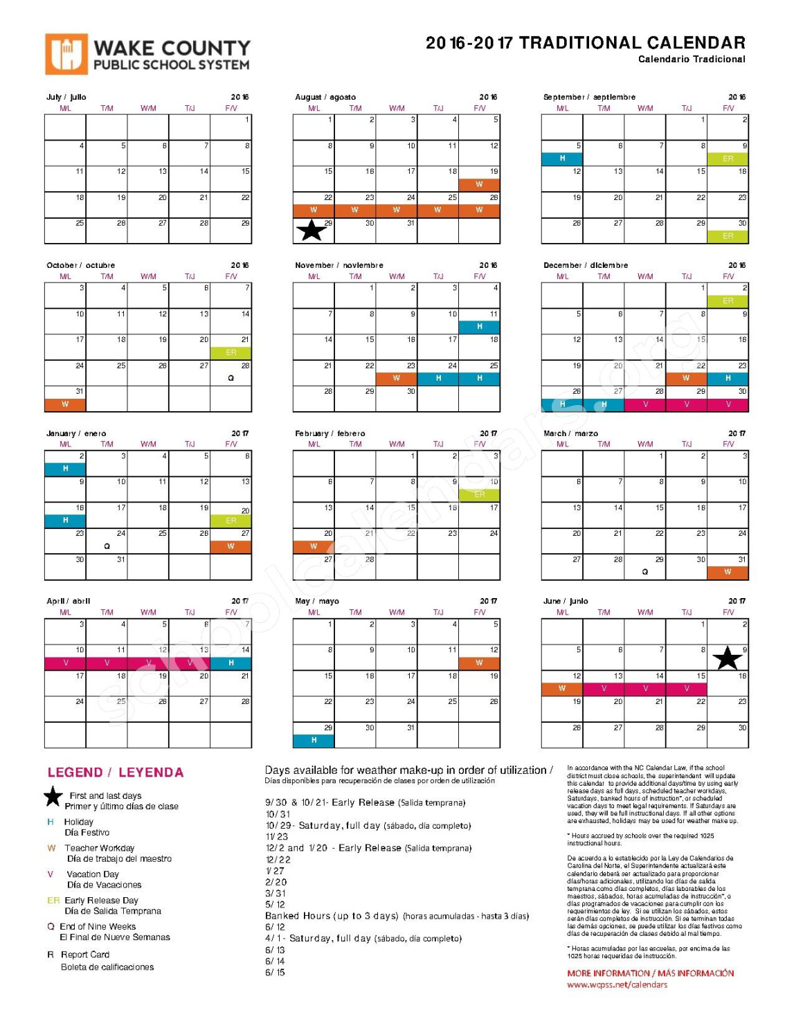 -  Traditional Calendar  Wake County Public School