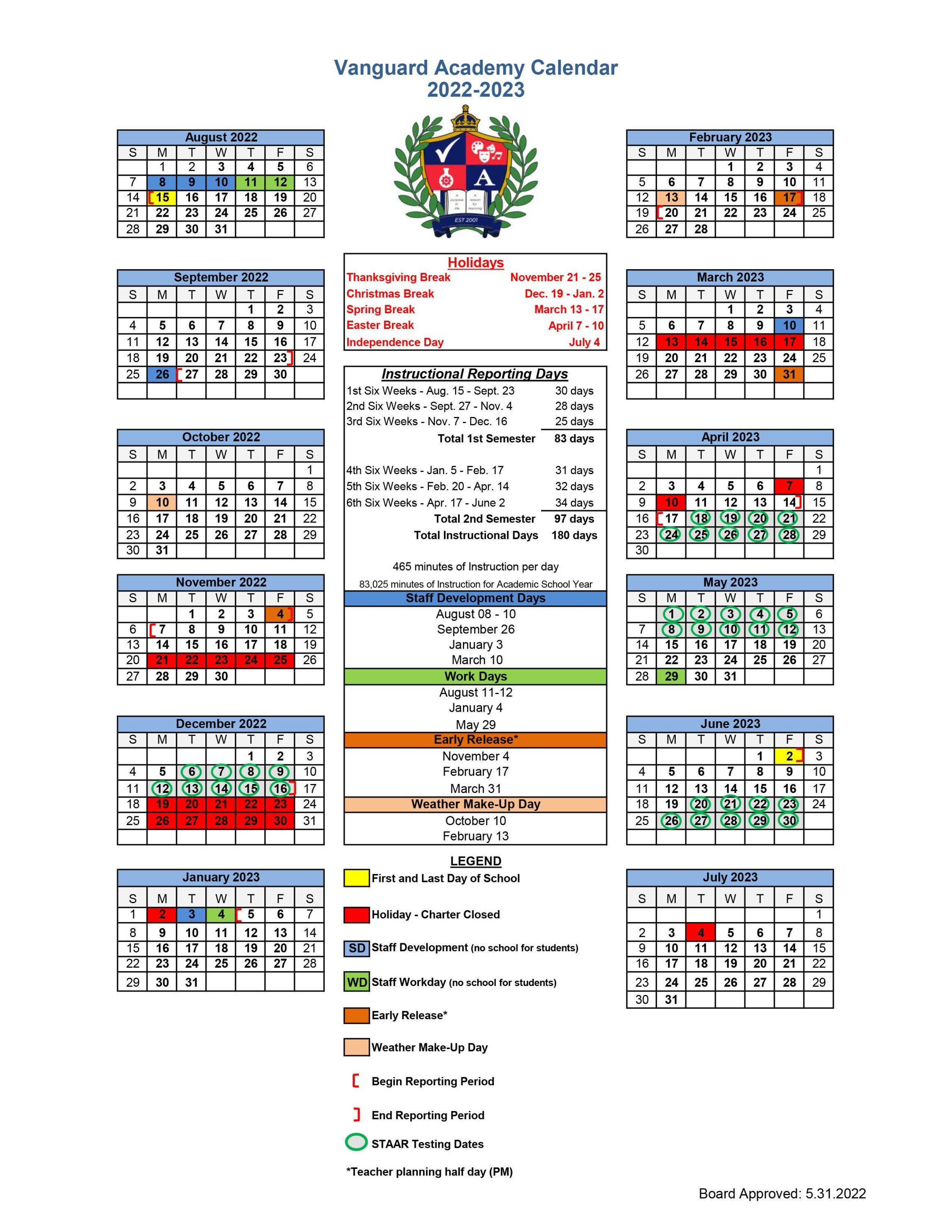 Vanguard Charter Academy Calendar - prntbl