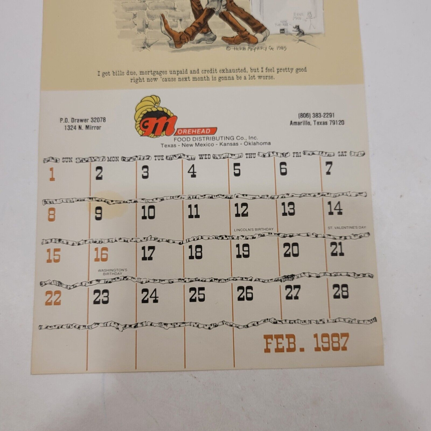 Vintage February  Calendar Page Morehead Food Cowboy Cartoons Herb  Miqnery