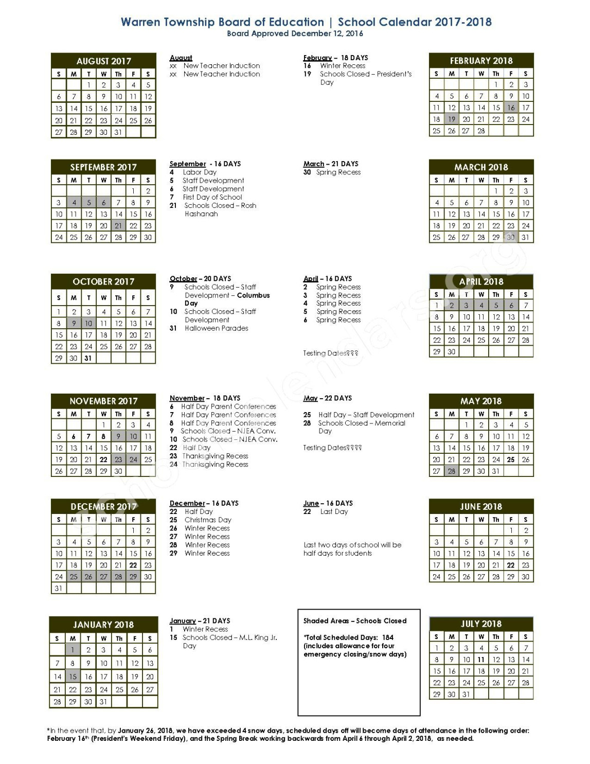 Warren Township Schools Calendars – New Jersey
