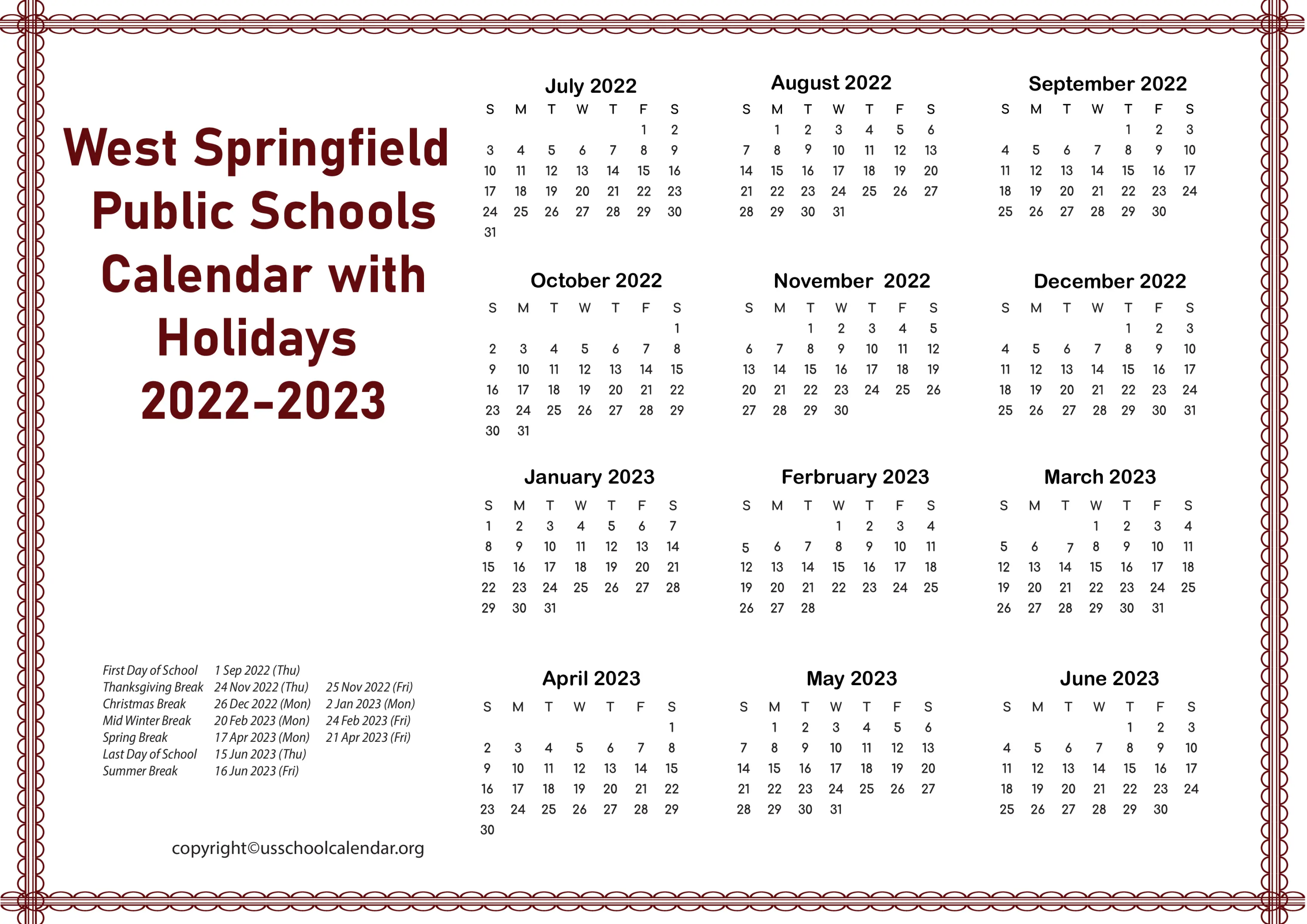 WSPS] West Springfield Public Schools Calendar for -