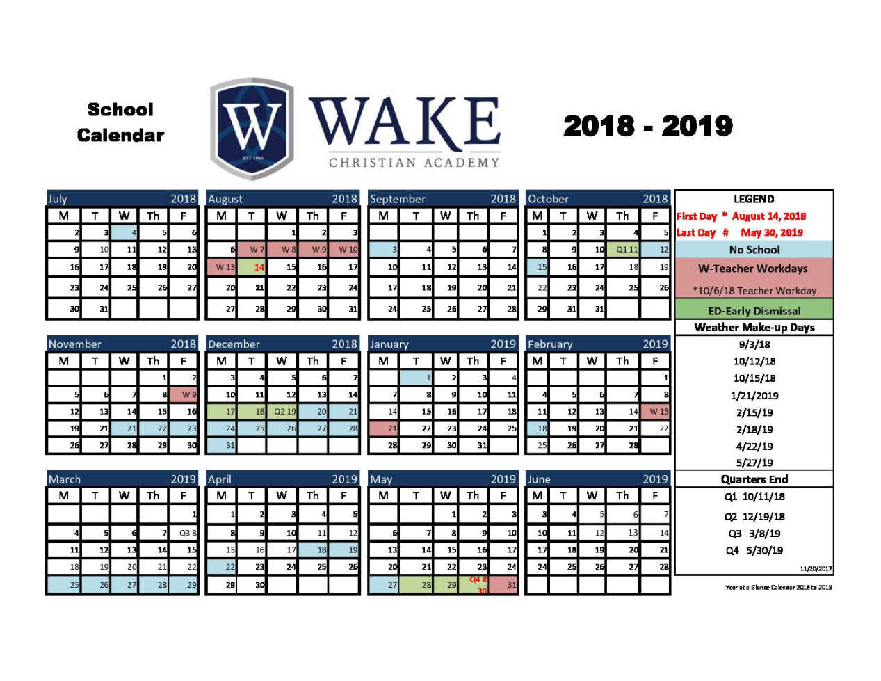 Year at a Glance Calendar  to  - Wake Christian Academy