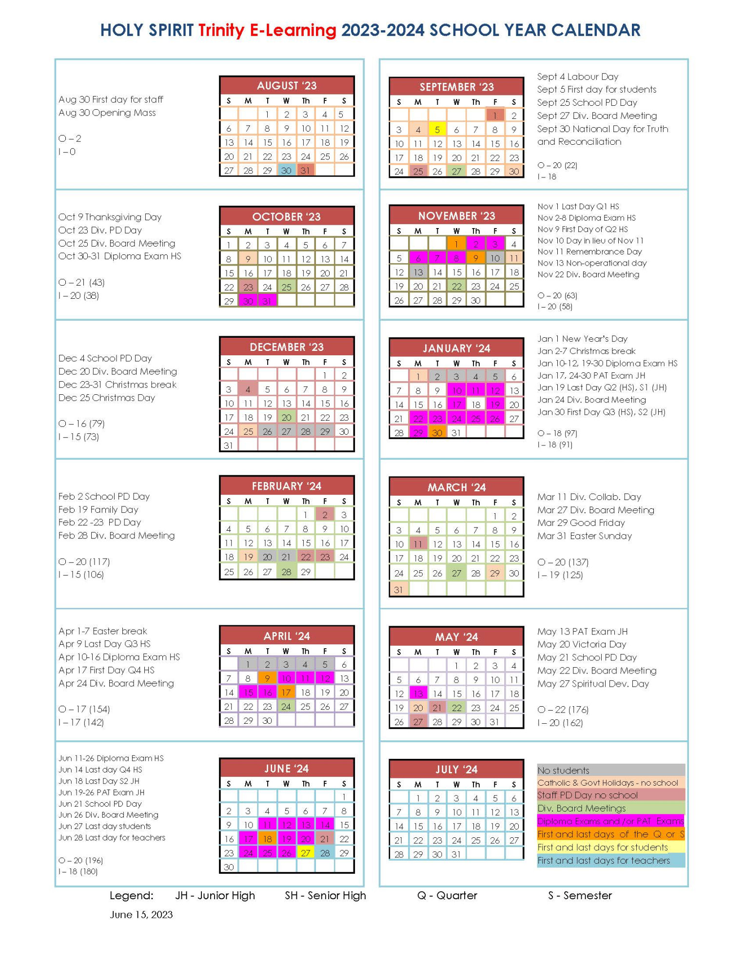 Yearly Calendar - Trinity