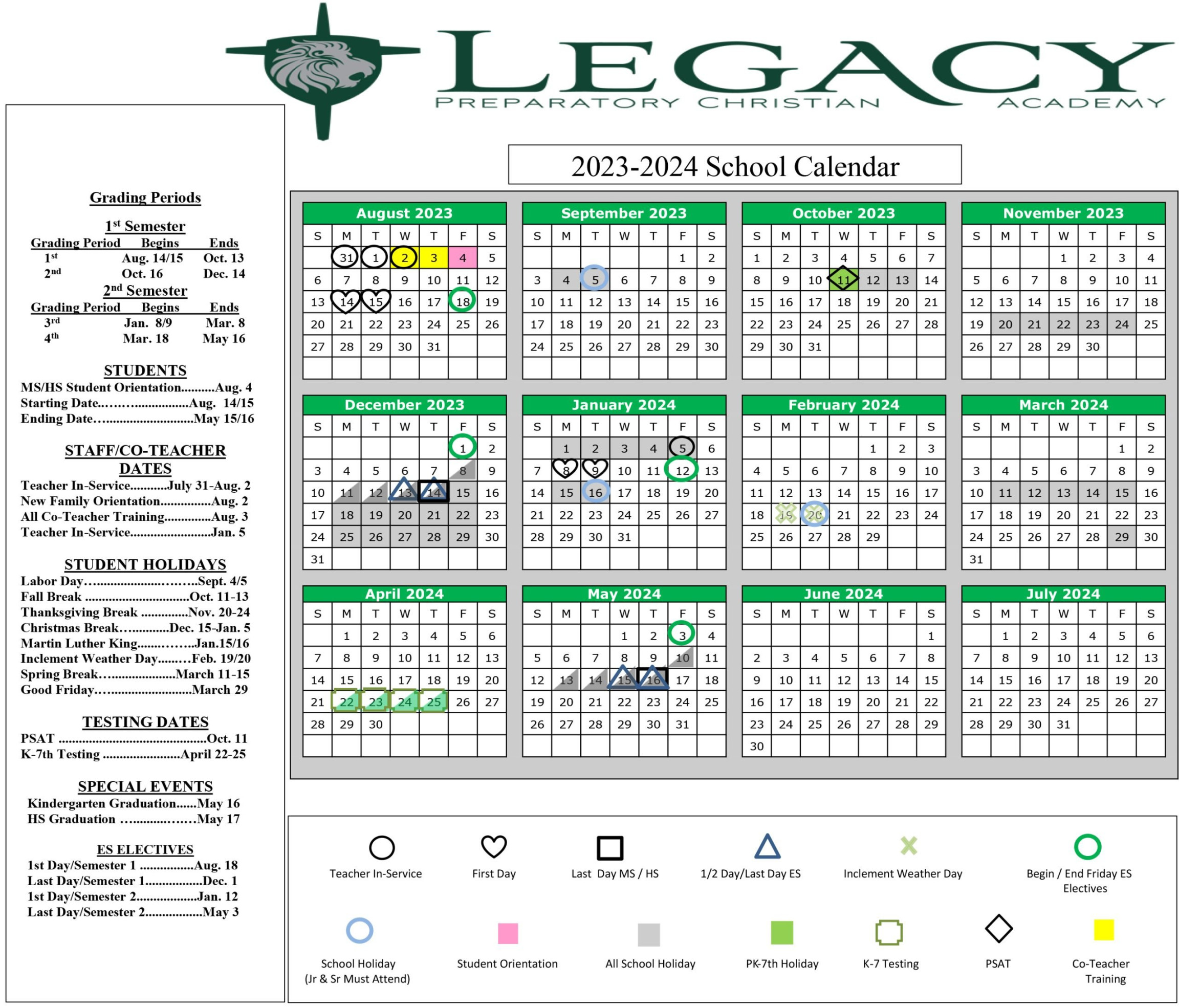 Academic Calendar - Legacy Preparatory Christian Academy