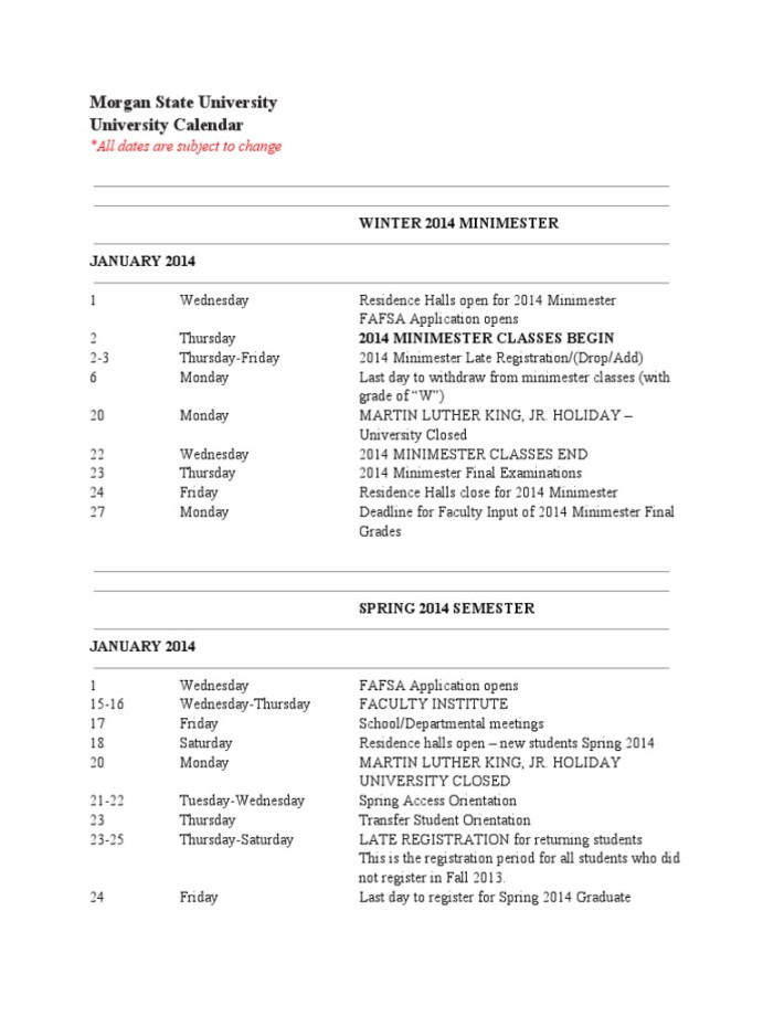 Academic Calendar Morgan State University  -   PDF  Academic