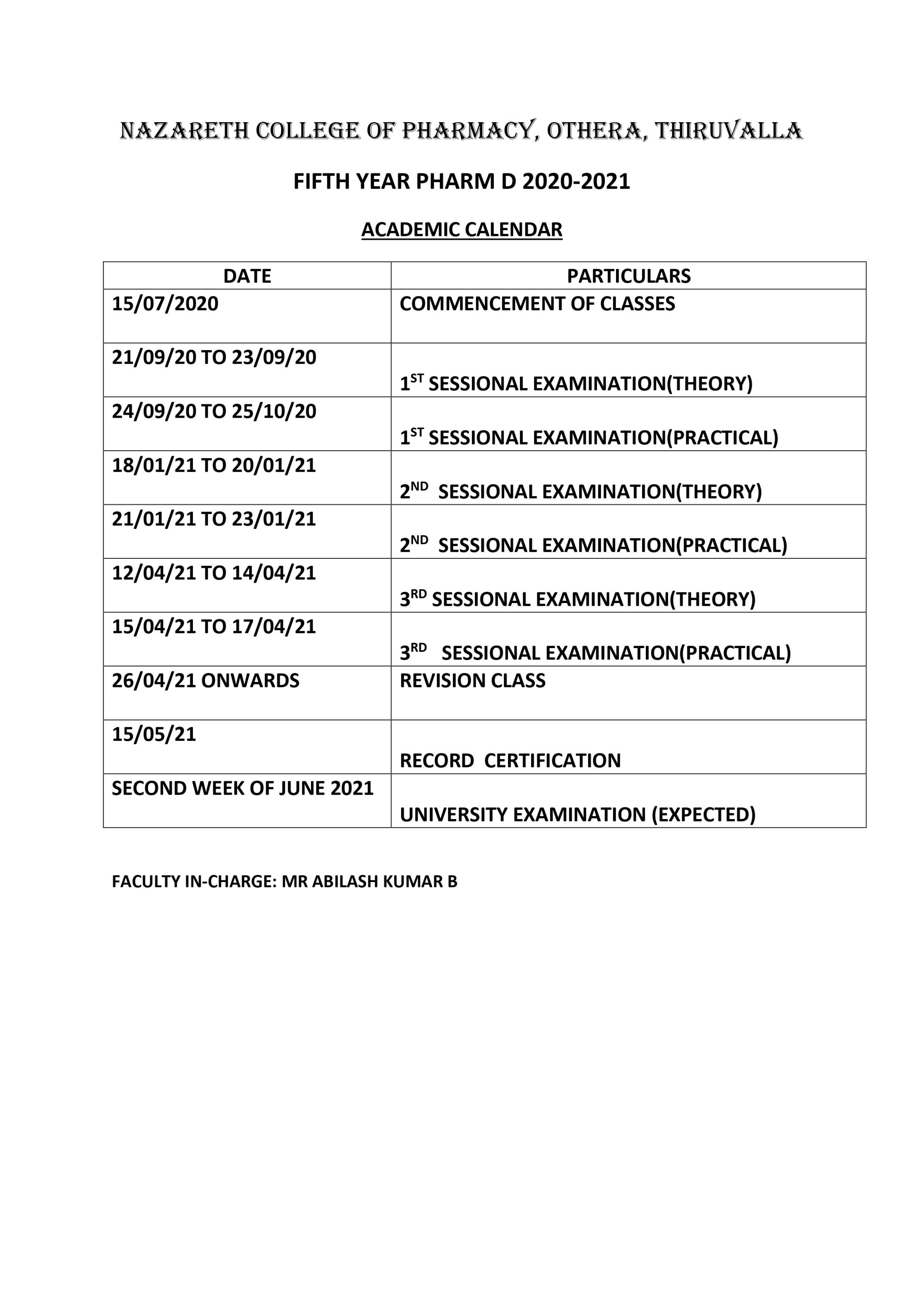 Academic Calendar - - Nazareth College of Pharmacy