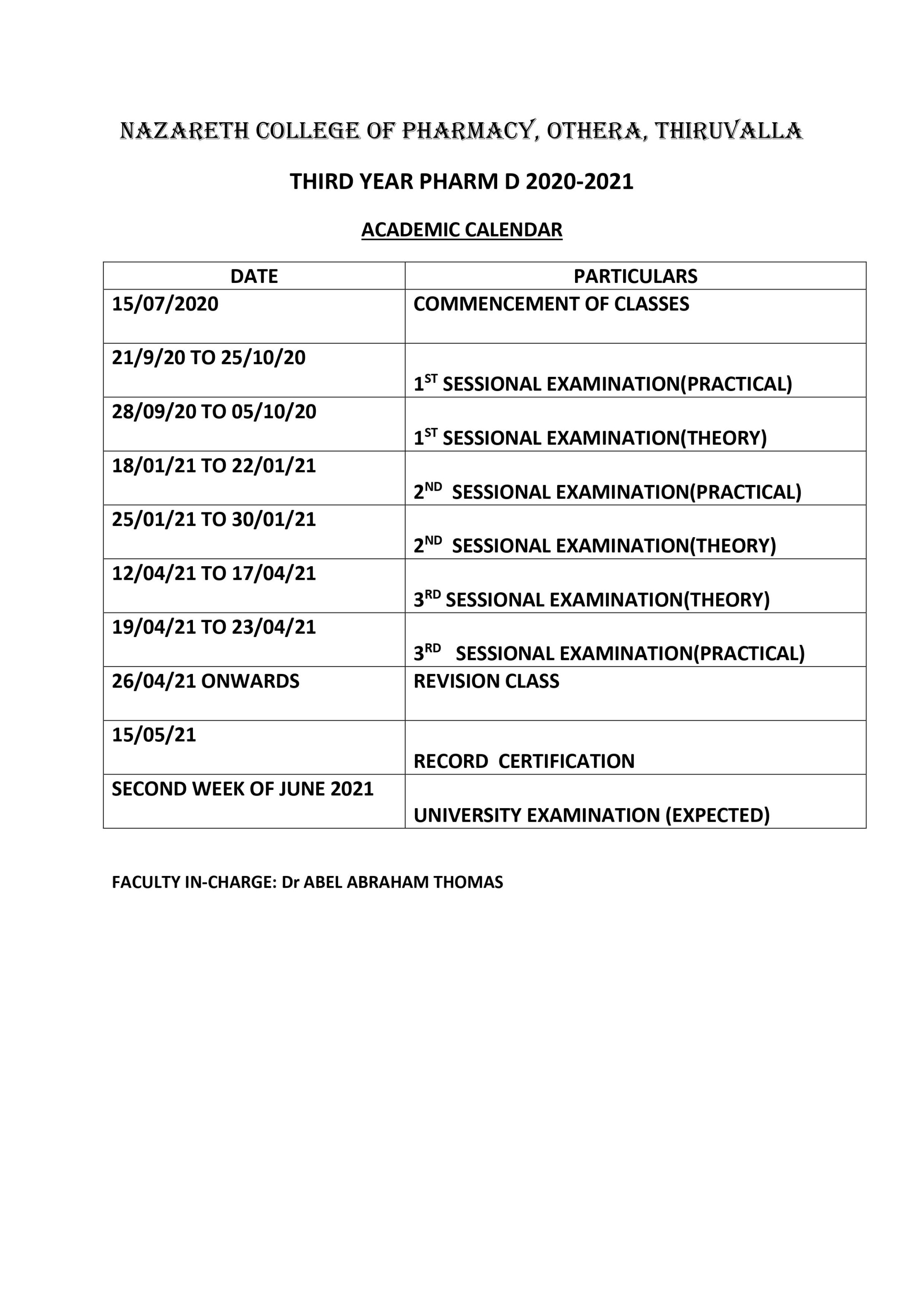 Academic Calendar - - Nazareth College of Pharmacy