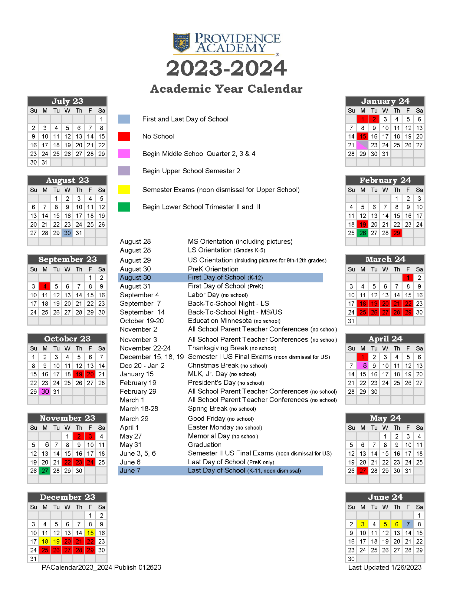 Academic Calendar - Providence Academy