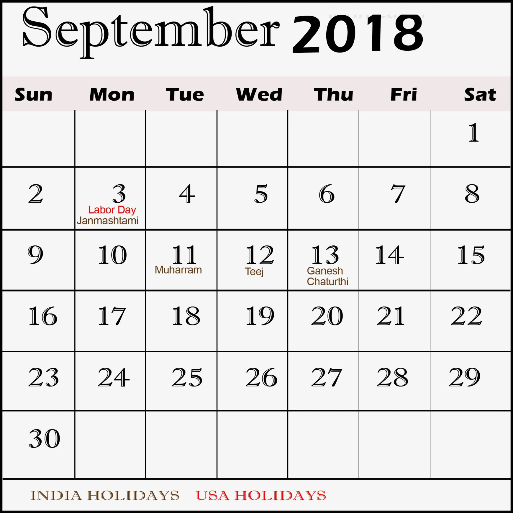 Blank September  Calendar With Holidays  Calendar, September