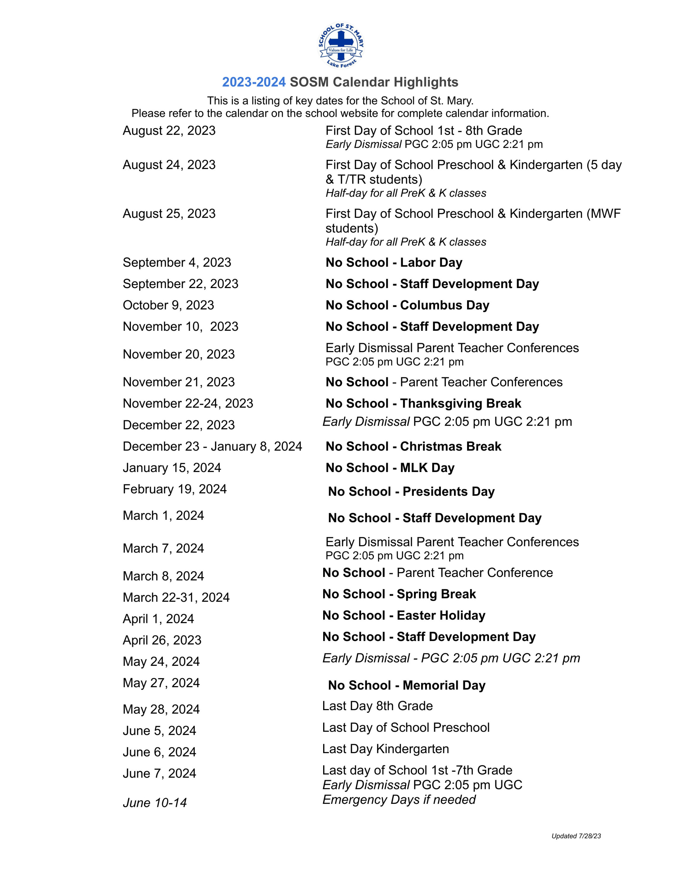 Calendar - School of St