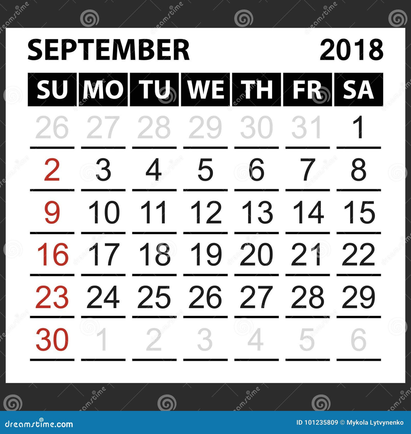 Calendar Sheet September  Stock Vector - Illustration of