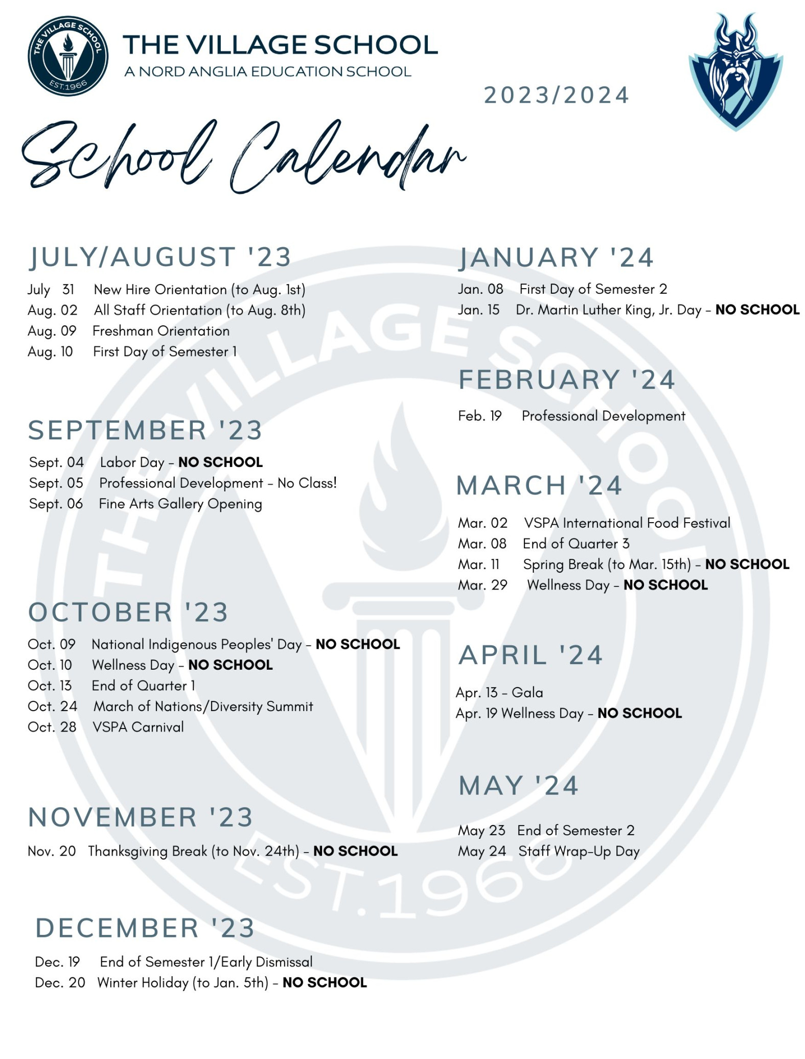 Calendar  The Village School