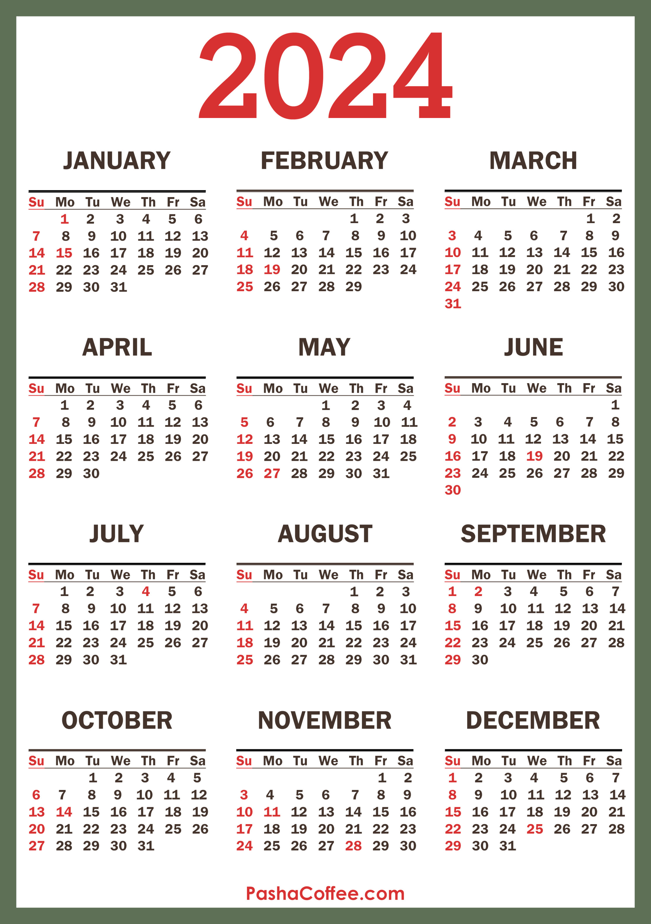 Calendar with Holidays, Printable Free, Vertical, Green