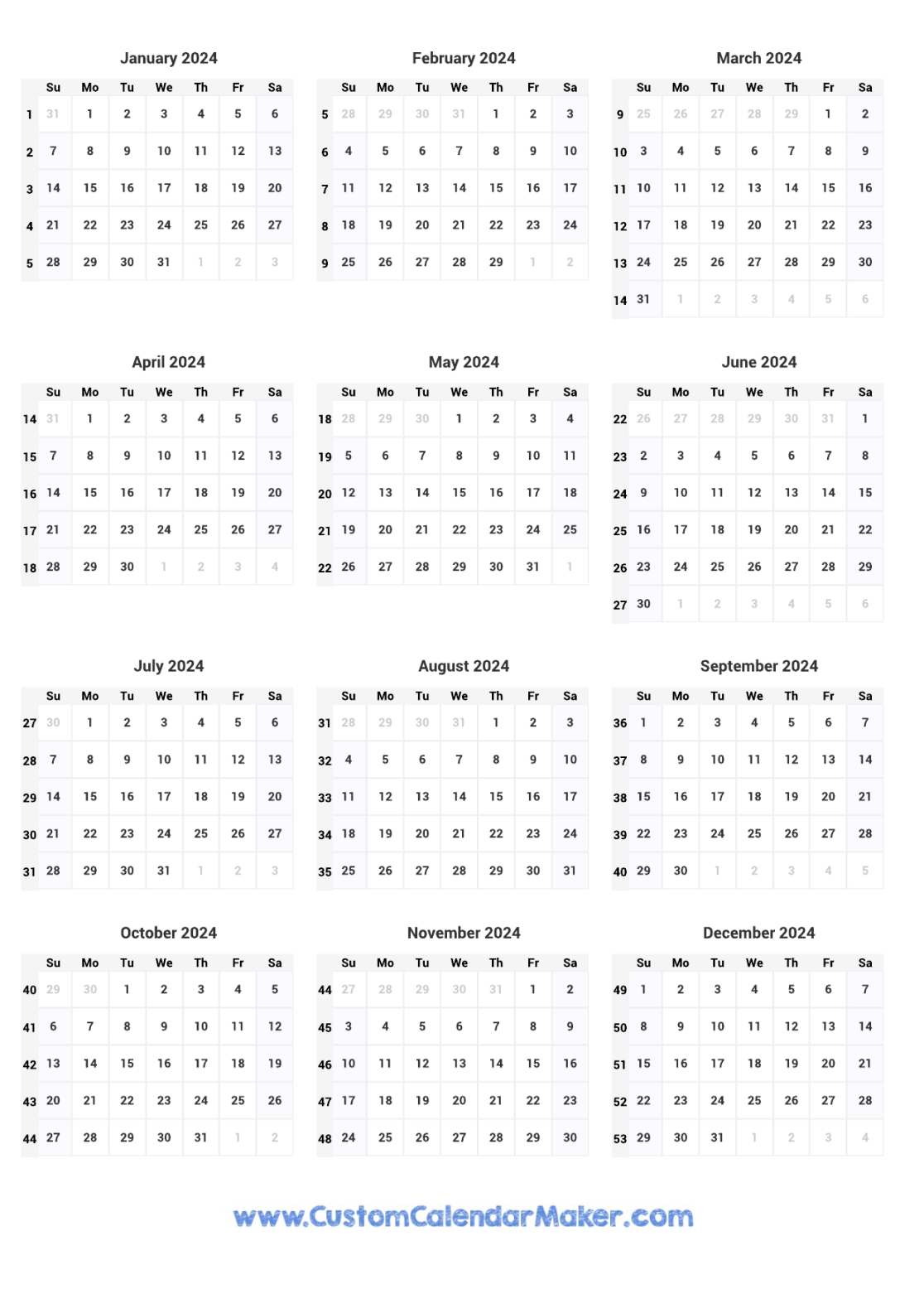2024 Calendar With Week Numbers Printable