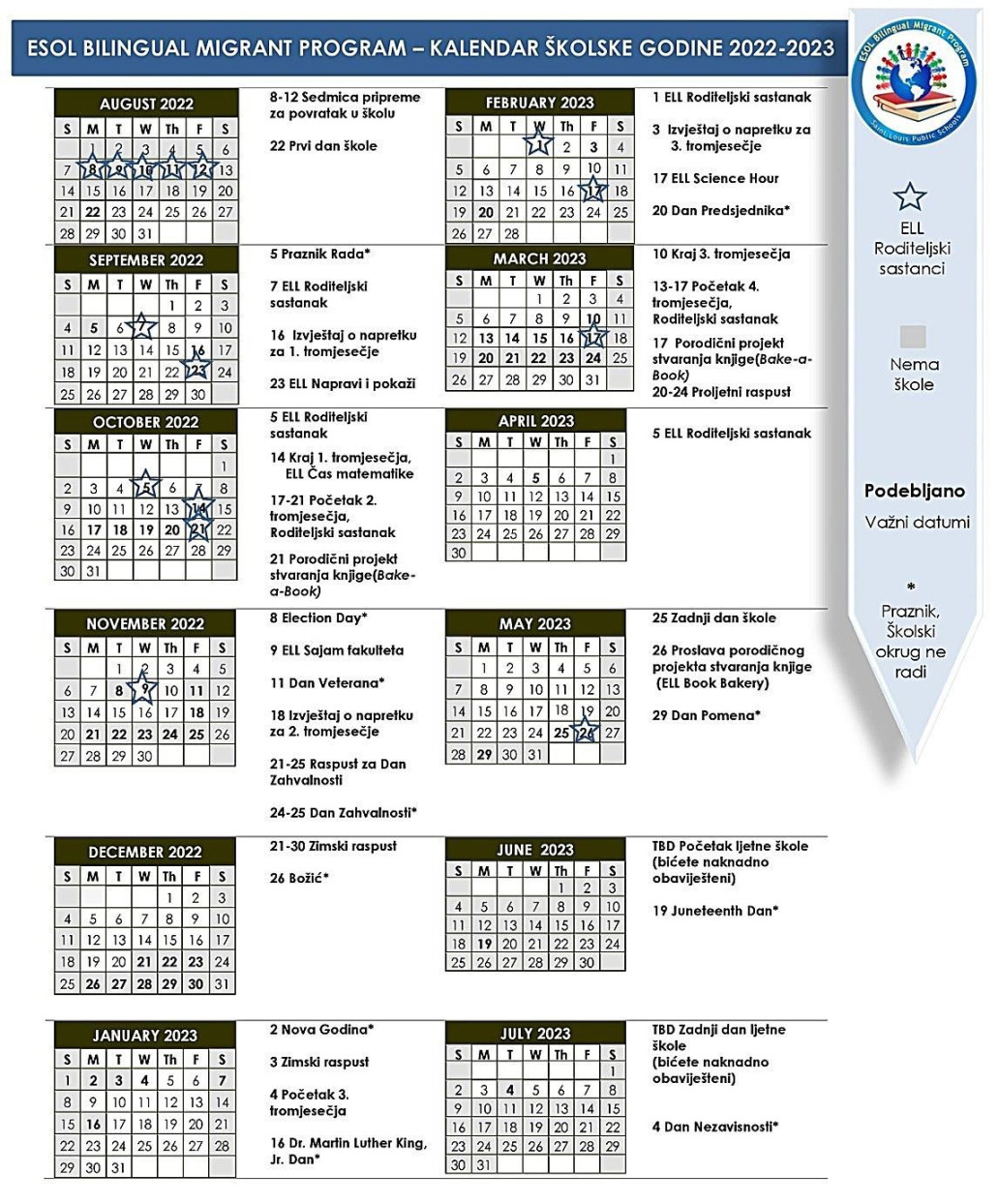 ESOL BILINGUAL MIGRANT PROGRAM / ESOL Calendar - - Bosnian