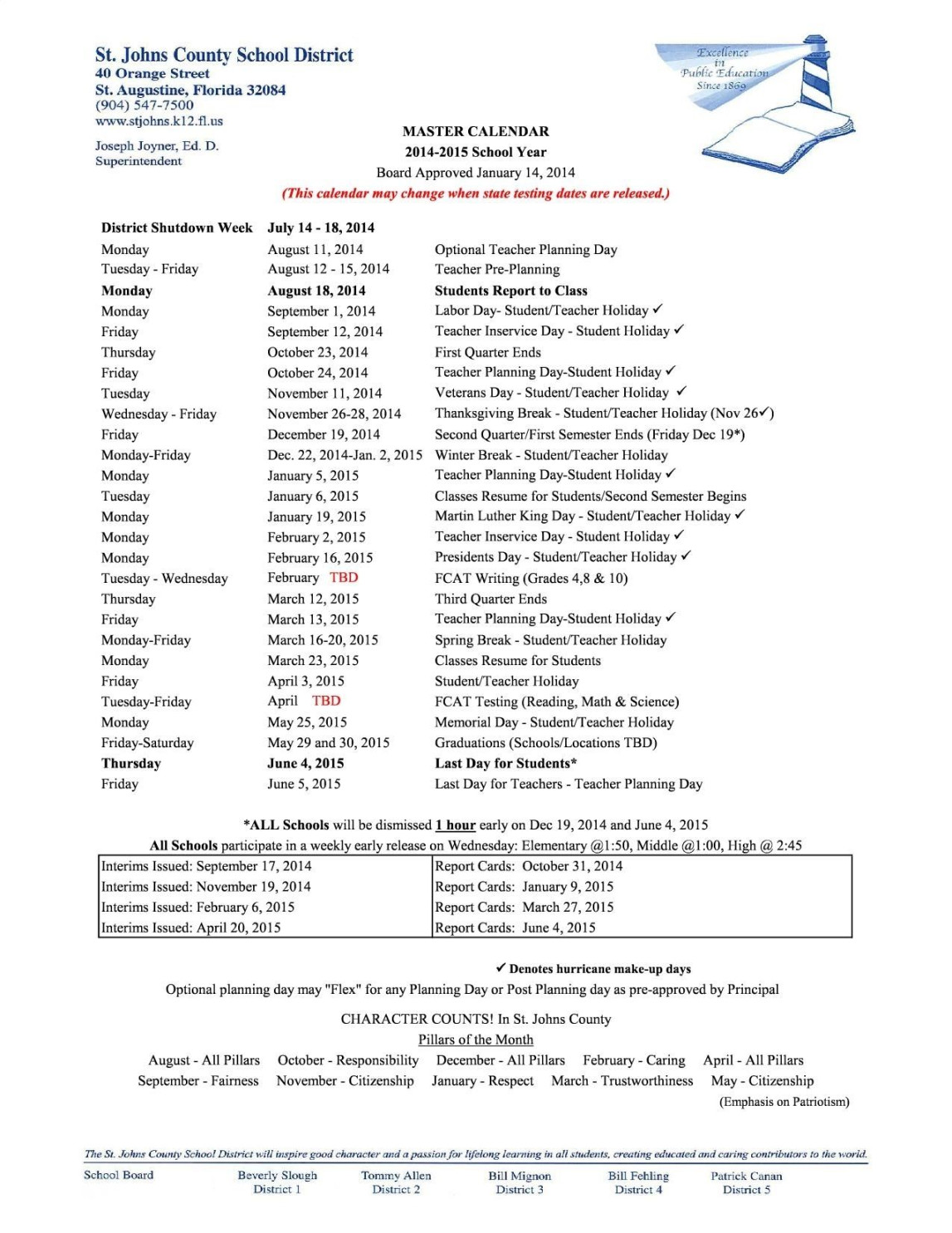 Extraordinary School Calendar St Johns County  School calendar