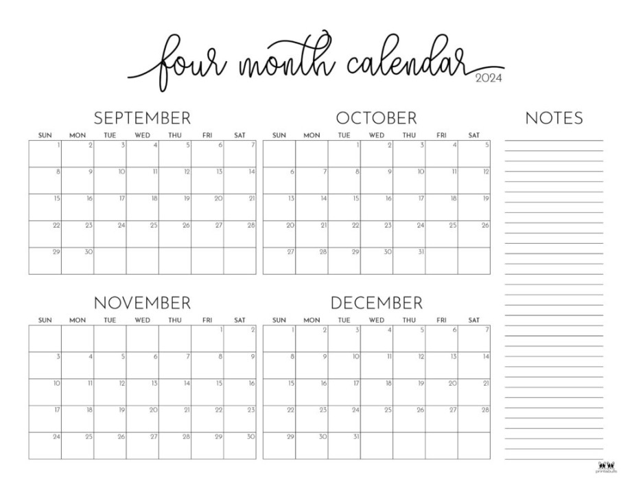 Four Month Calendars -  FREE Printables  Printabulls