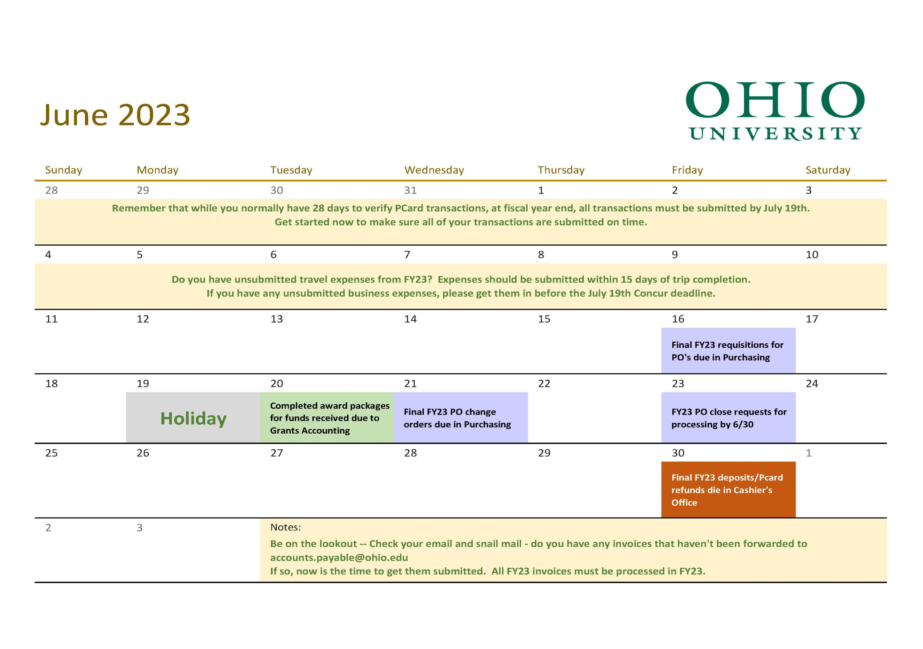 FY Year End Calendar