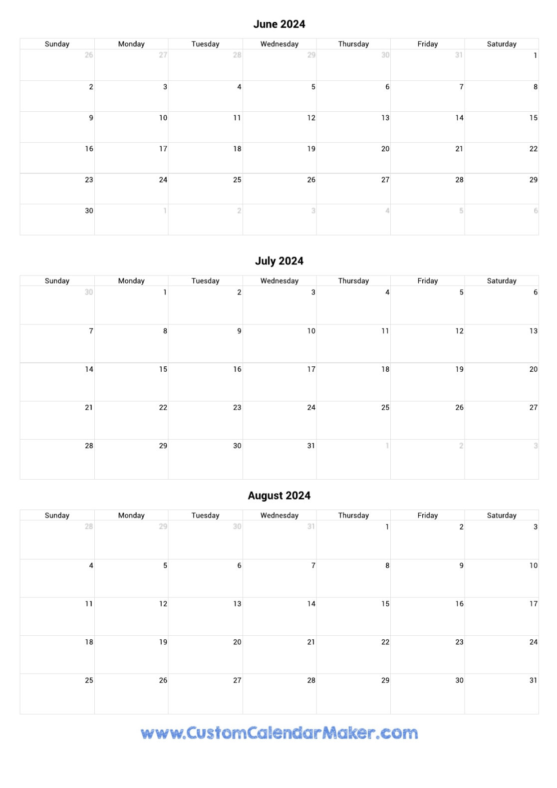 June to August  Calendar Printable