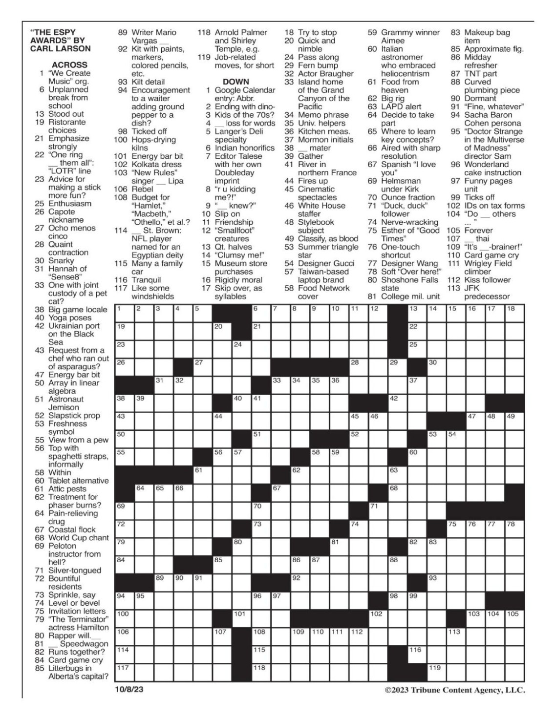 LA Times Crossword  Oct , Tuesday , chess plays crossword