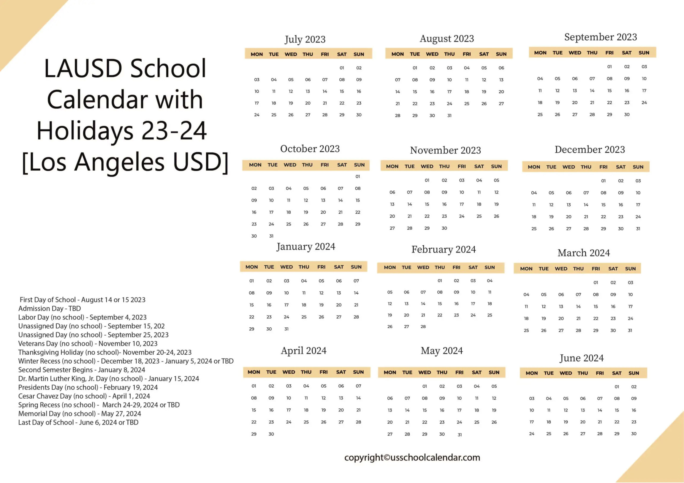 LAUSD School Calendar with Holidays - [Los Angeles USD]