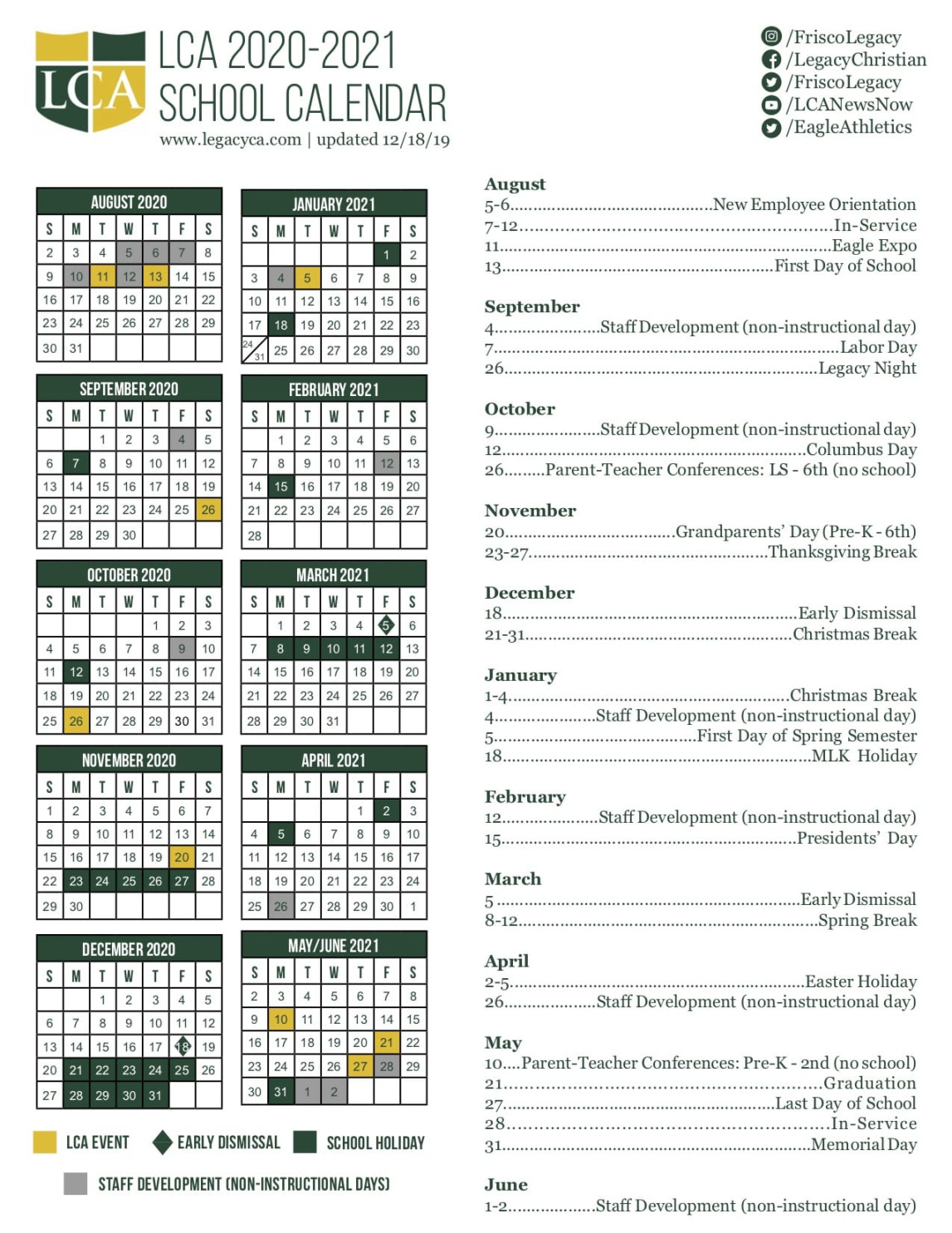 Legacy Christian Academy Calendar