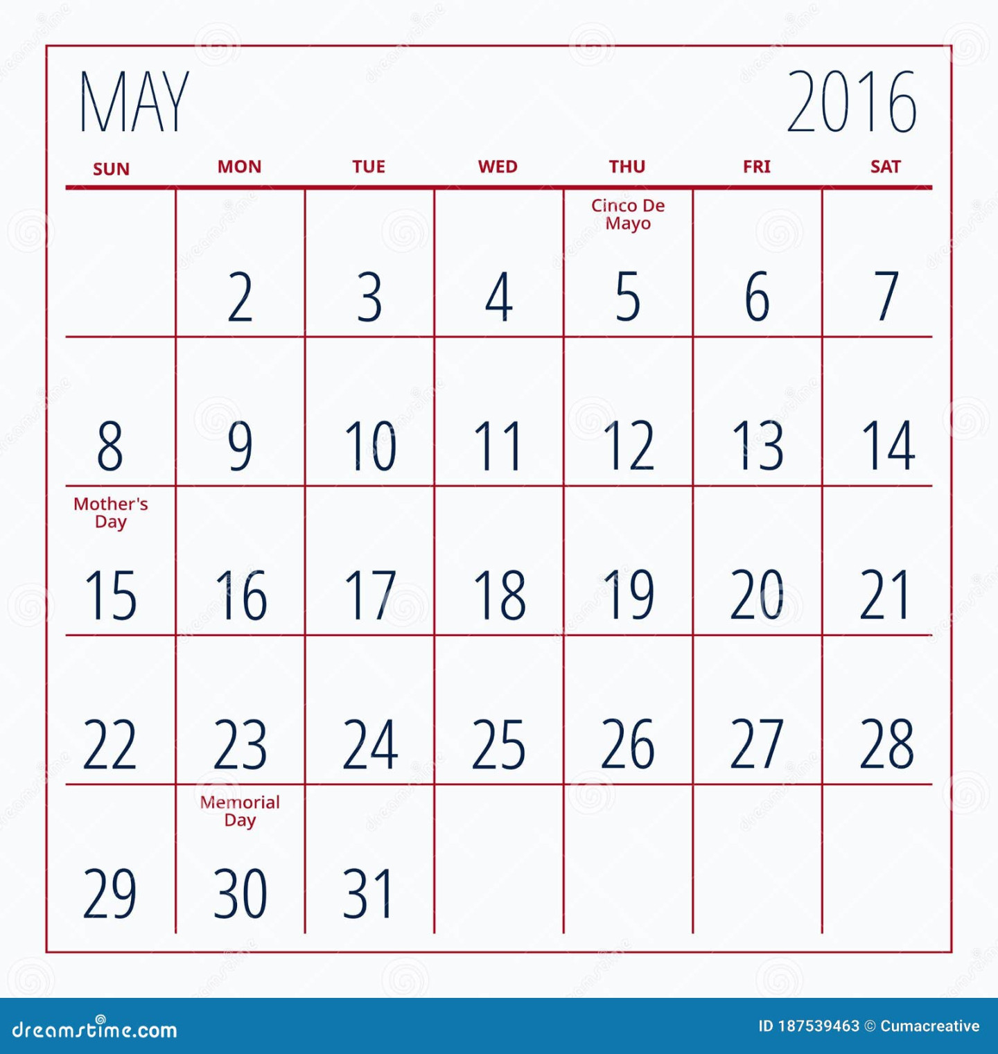 Memorial Day in Month of May  Calendar Stock Vector
