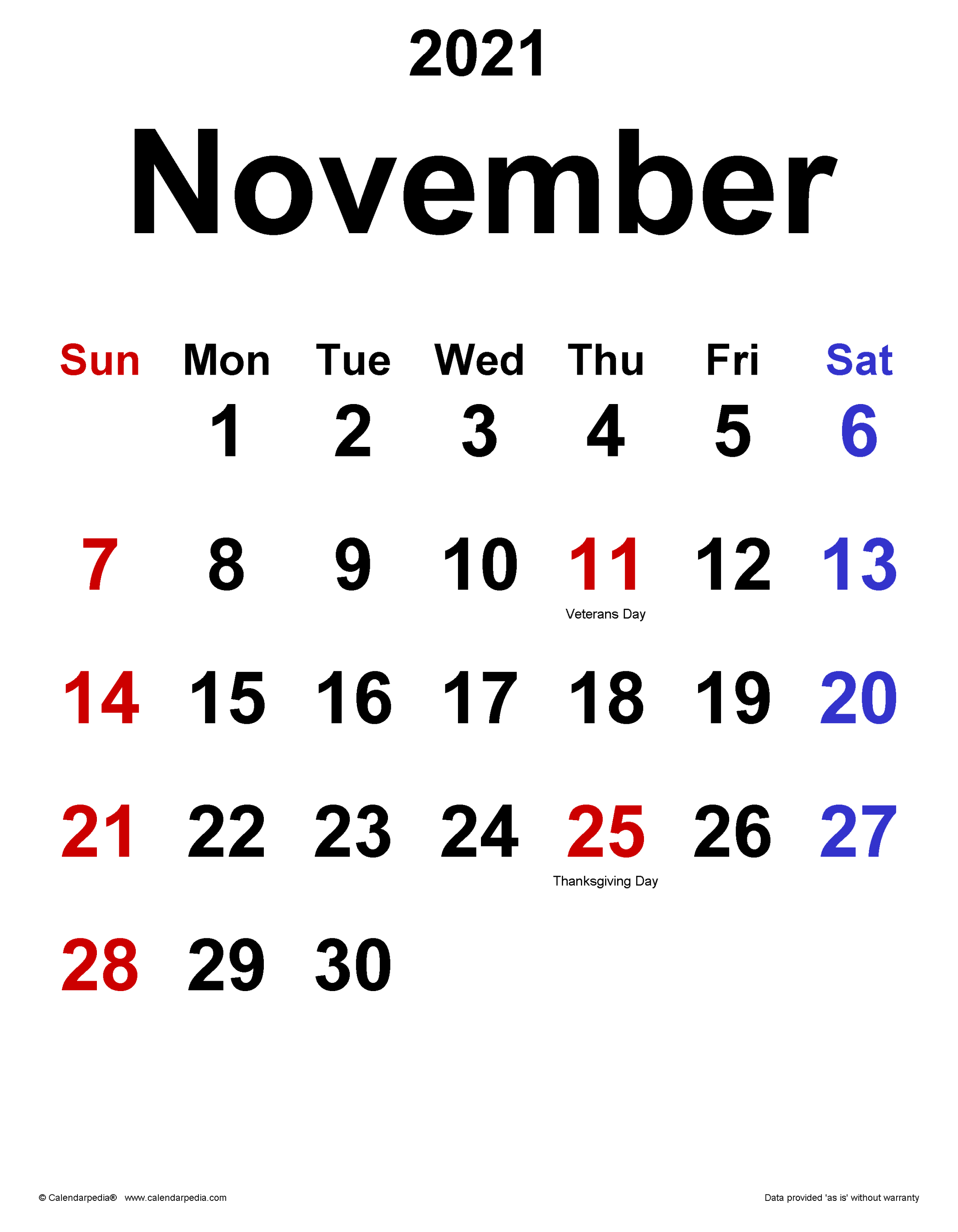 November  Calendar  Templates for Word, Excel and PDF