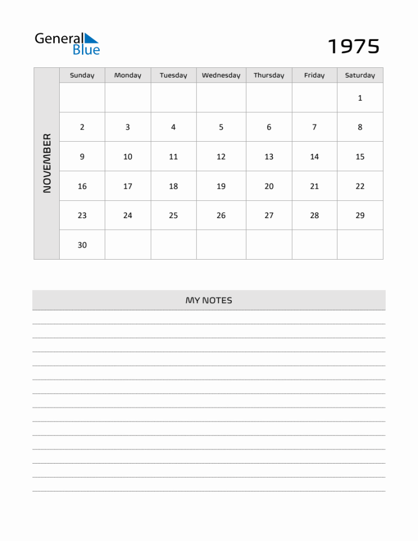 November  Printable Monthly Calendar with Notes