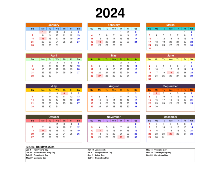 Printable Calendar  One Page with Holidays (Single Page)
