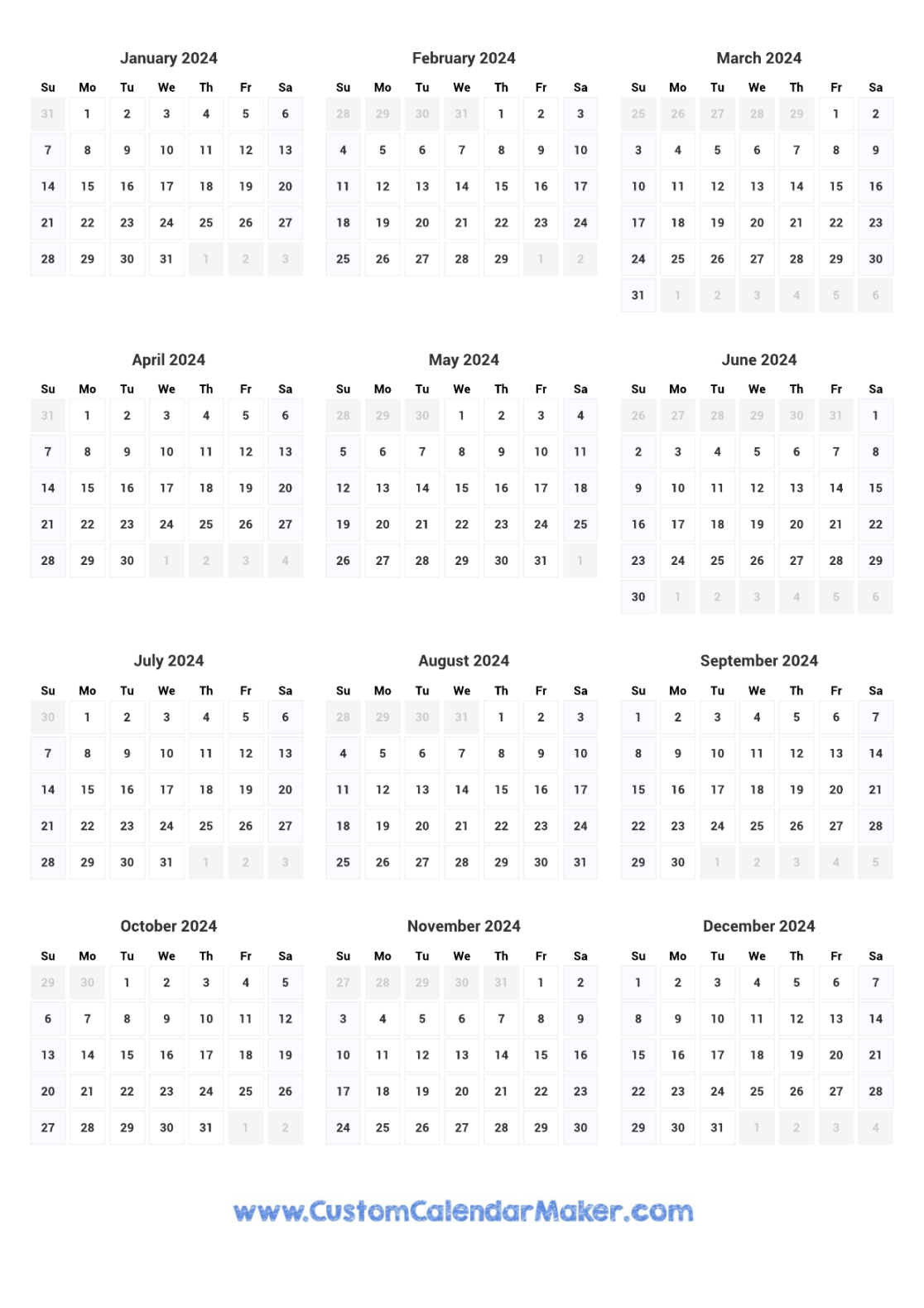 Printable Yearly Calendar  - Full Year at a Glance