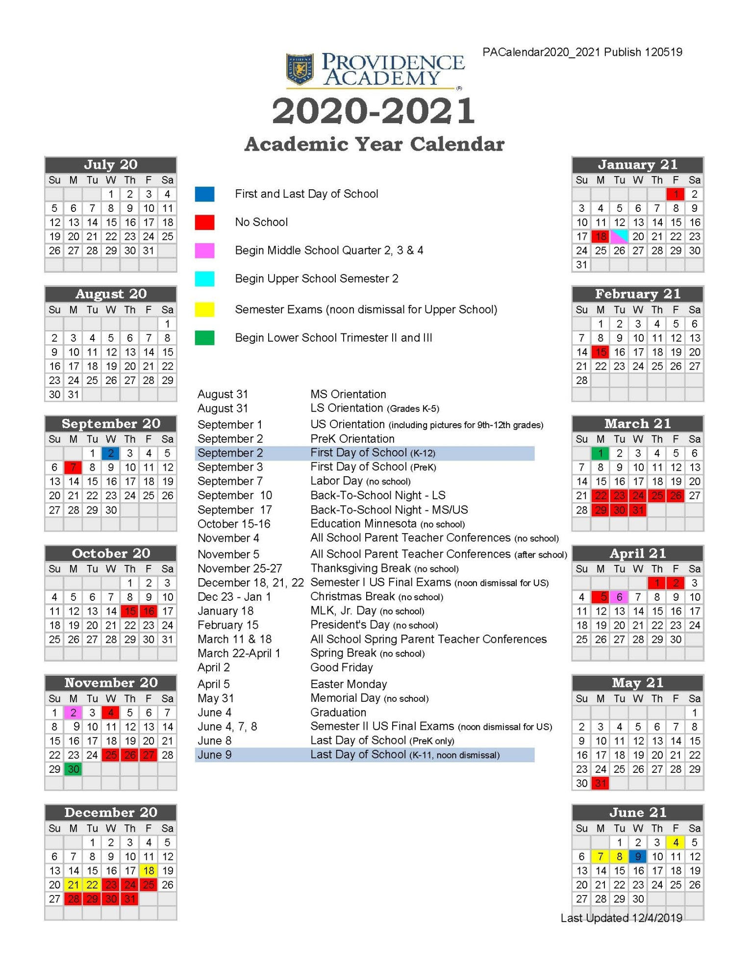 Providence Academic Calendar