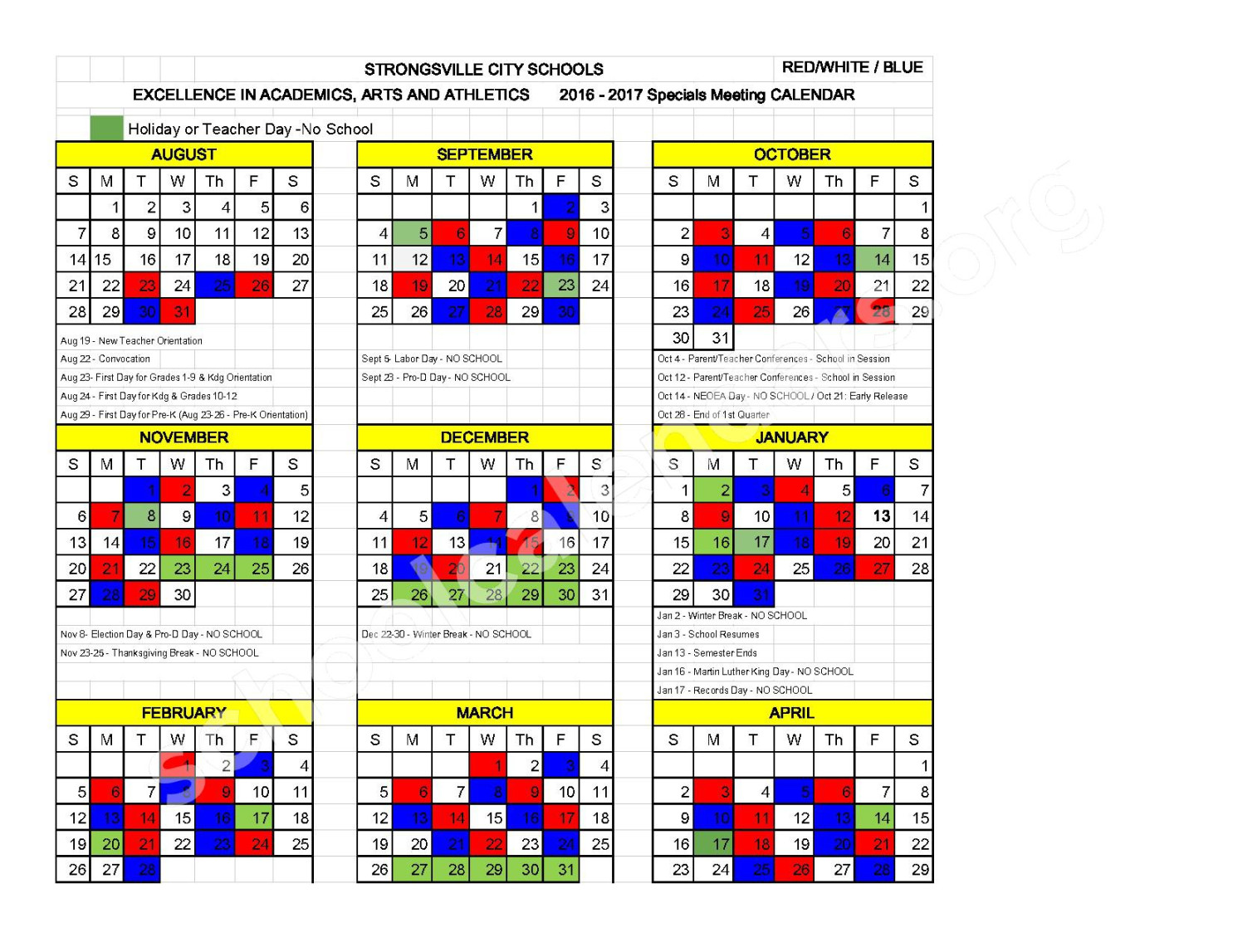 -  Red, White, & Blue Calendar  Strongsville City