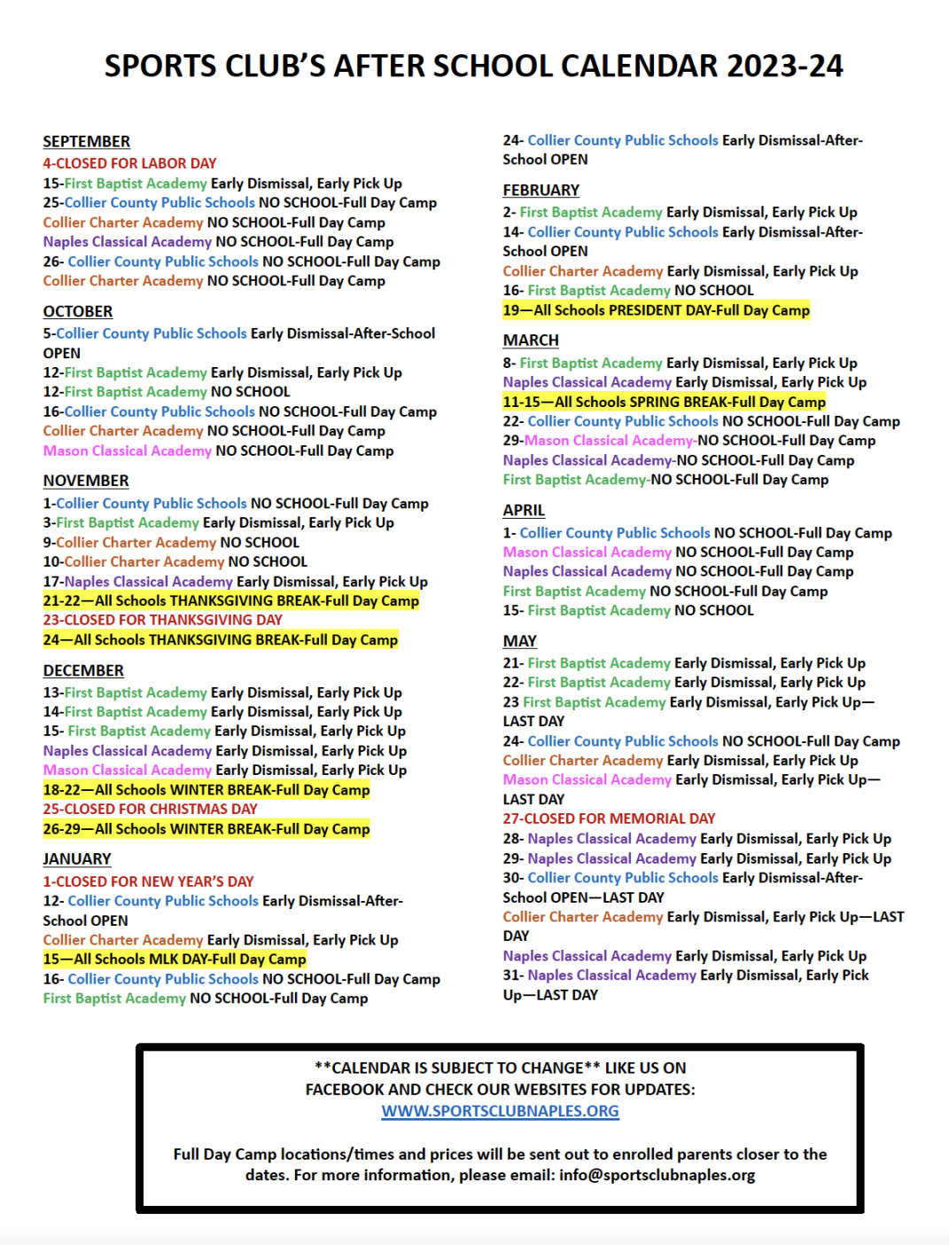 Schools Bused From - Sports CLUB of Naples