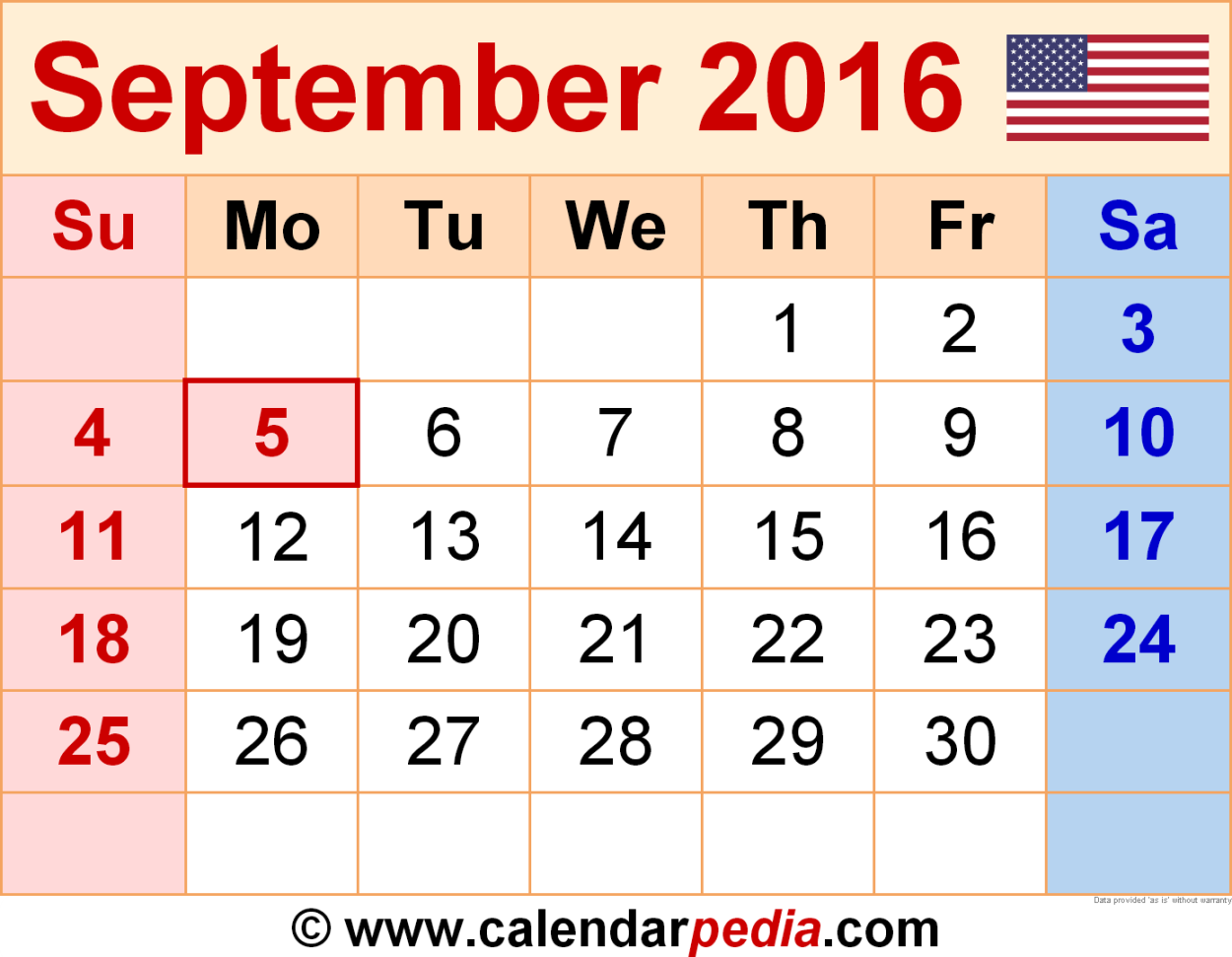 September  Calendar  Templates for Word, Excel and PDF