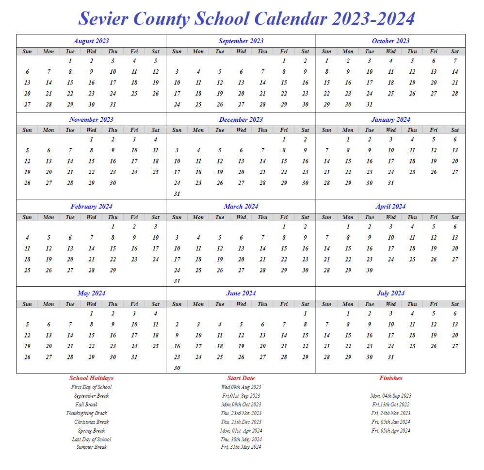 Sevier County School Calendar - & Academic Holidays