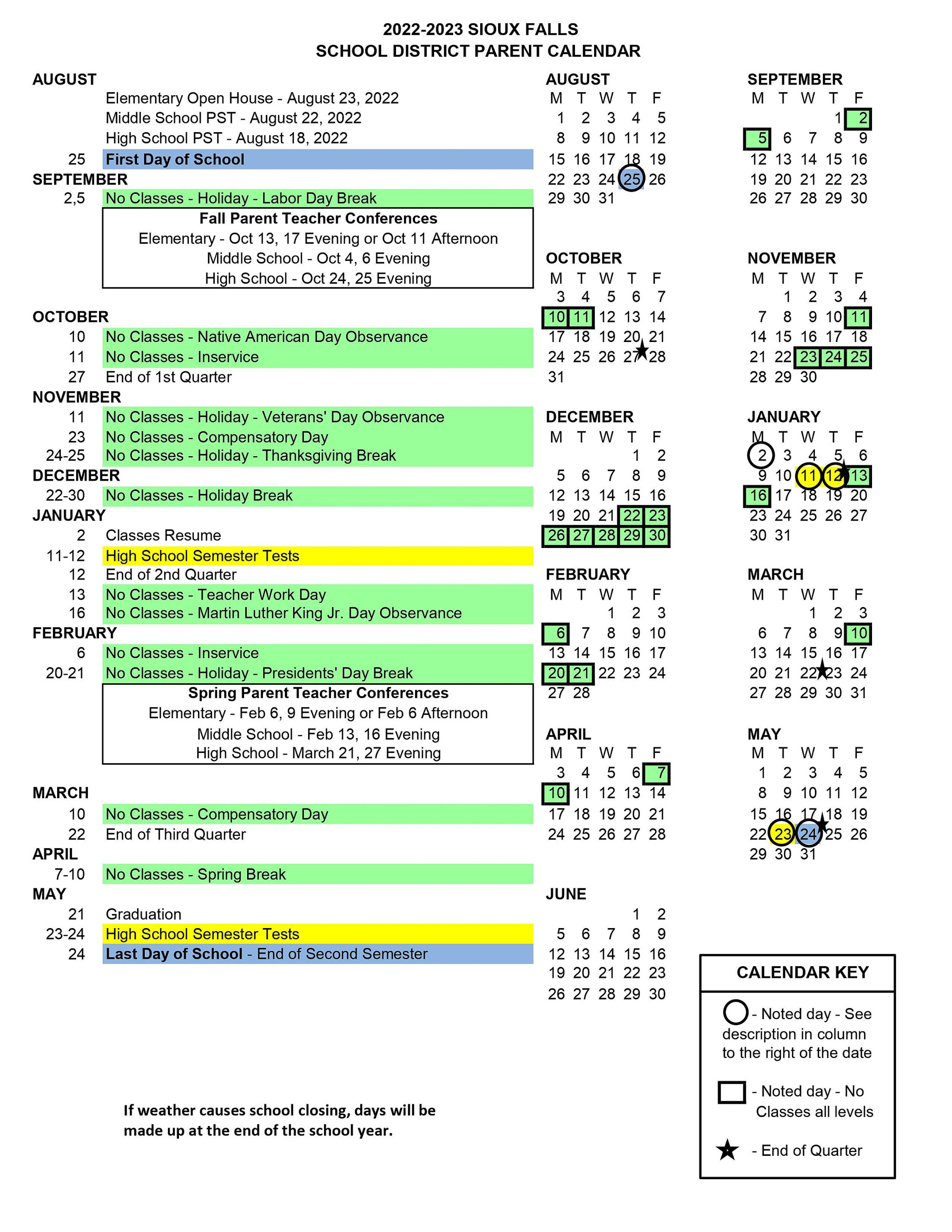 Sioux Falls School District Calendar -