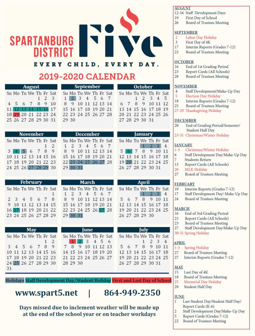 Spartanburg District  Calendar