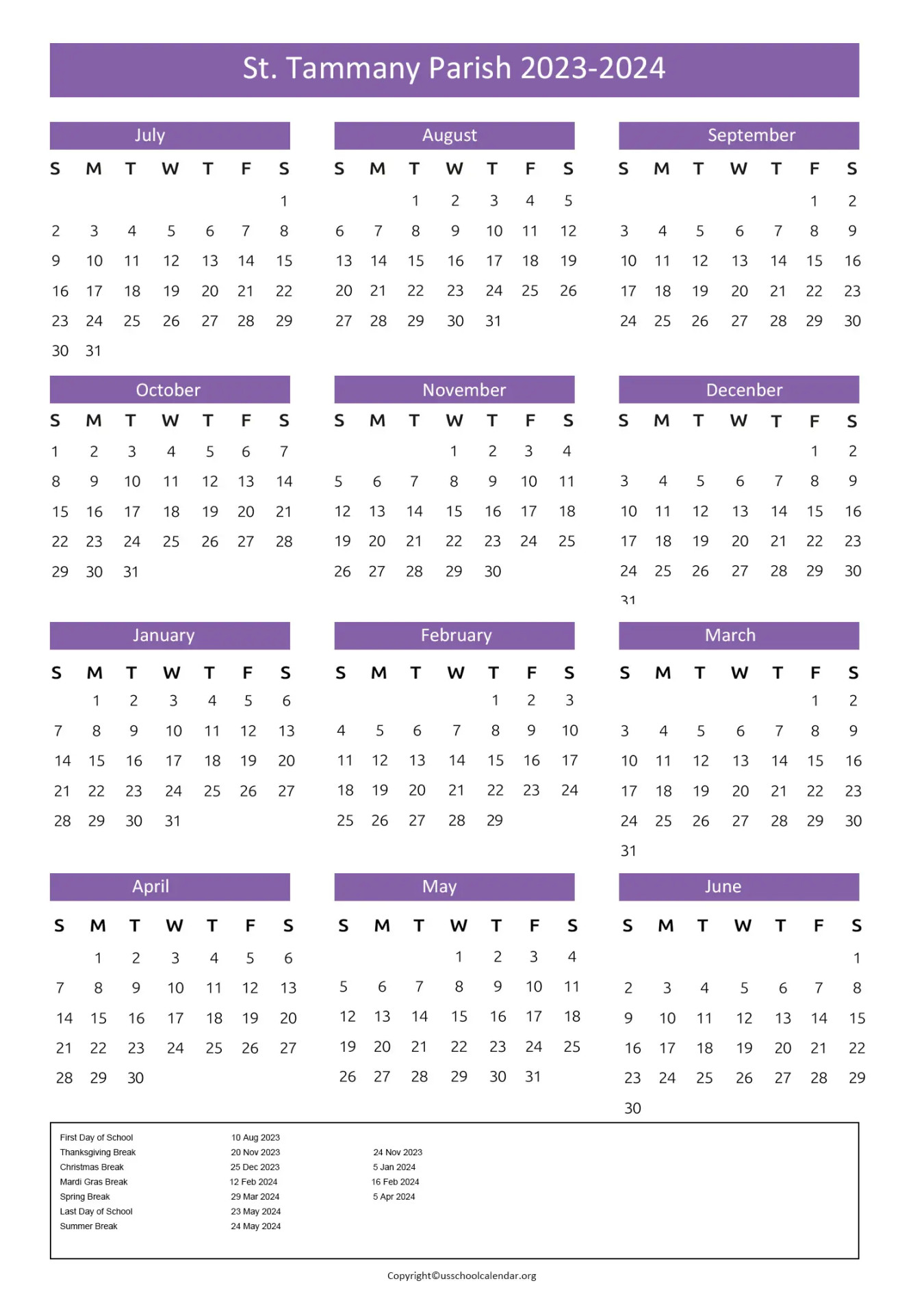 St Tammany Parish Schools Calendar with Holidays -