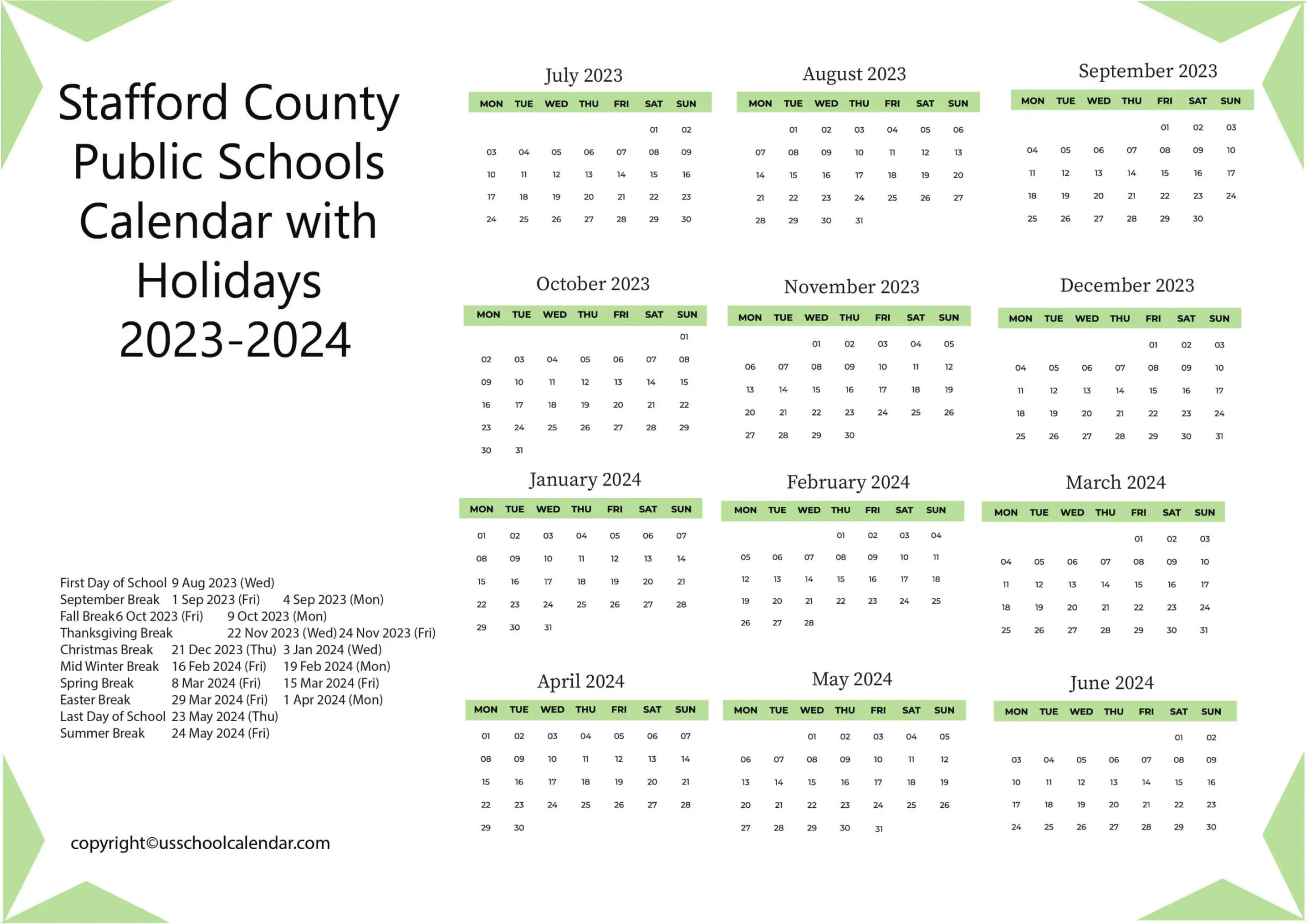 Stafford County Public Schools Calendar with Holidays -