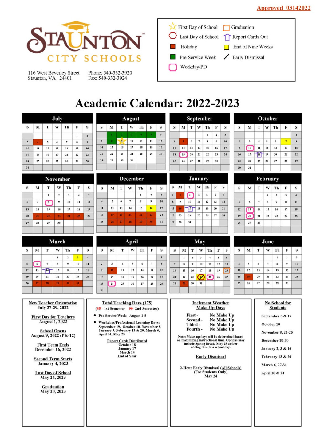 Staunton school calendar approved with first day of school Aug