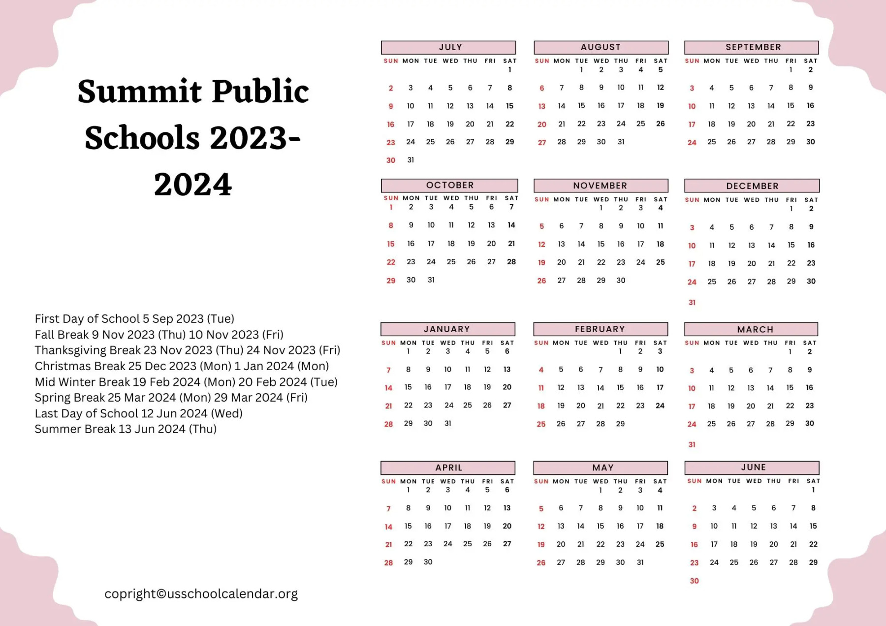 Summit Public Schools Calendar with Holidays -