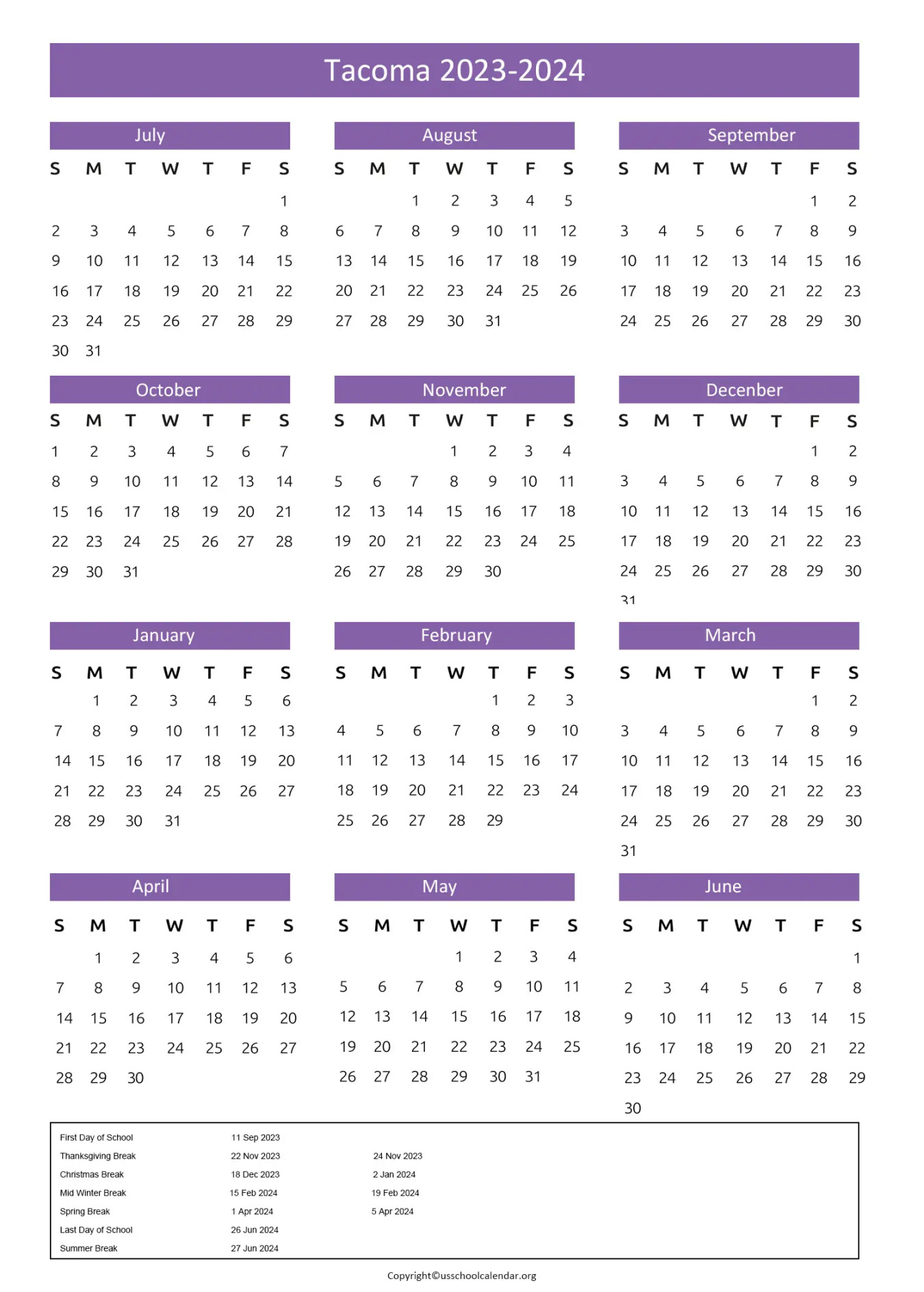 Tacoma Public Schools Calendar with Holidays -