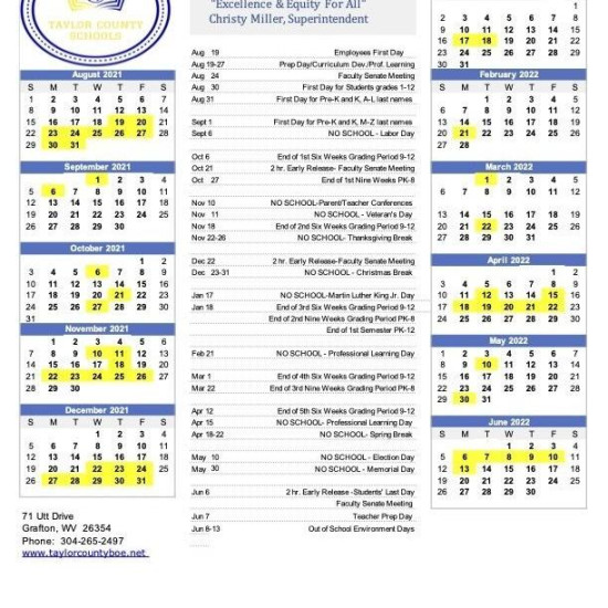 Taylor County Schools Academic Calendar -  WV News  wvnews
