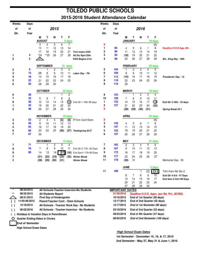 Toledo Public Schools: - Student Attendance Calendar  PDF