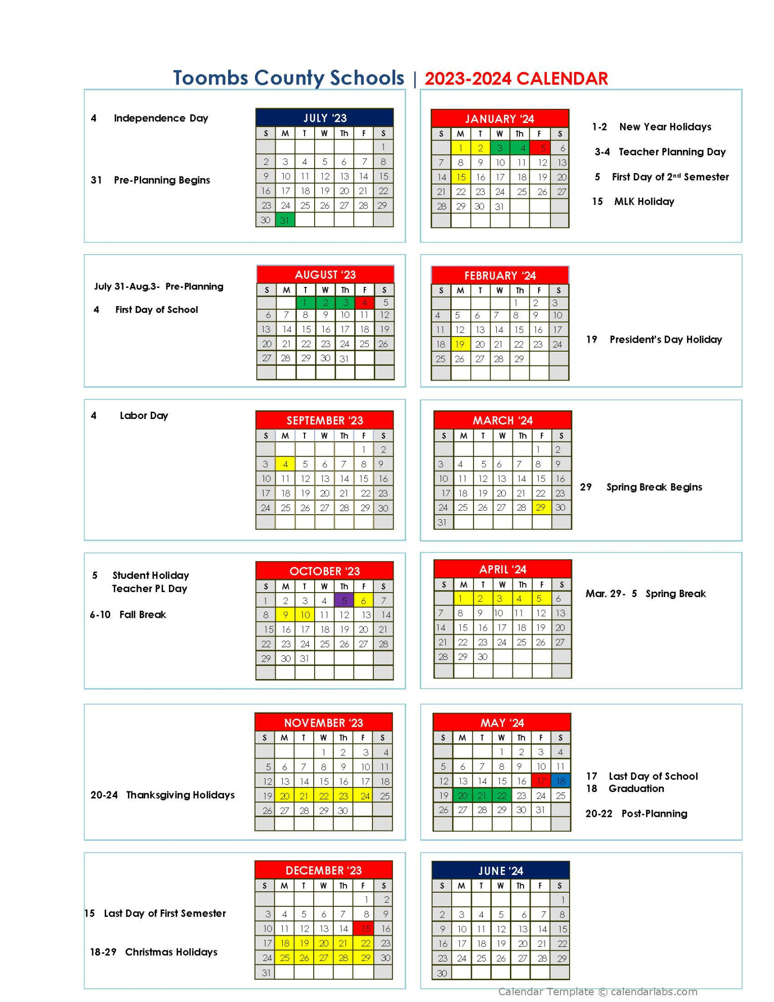 Toombs County Schools Calendar  - PublicHolidays