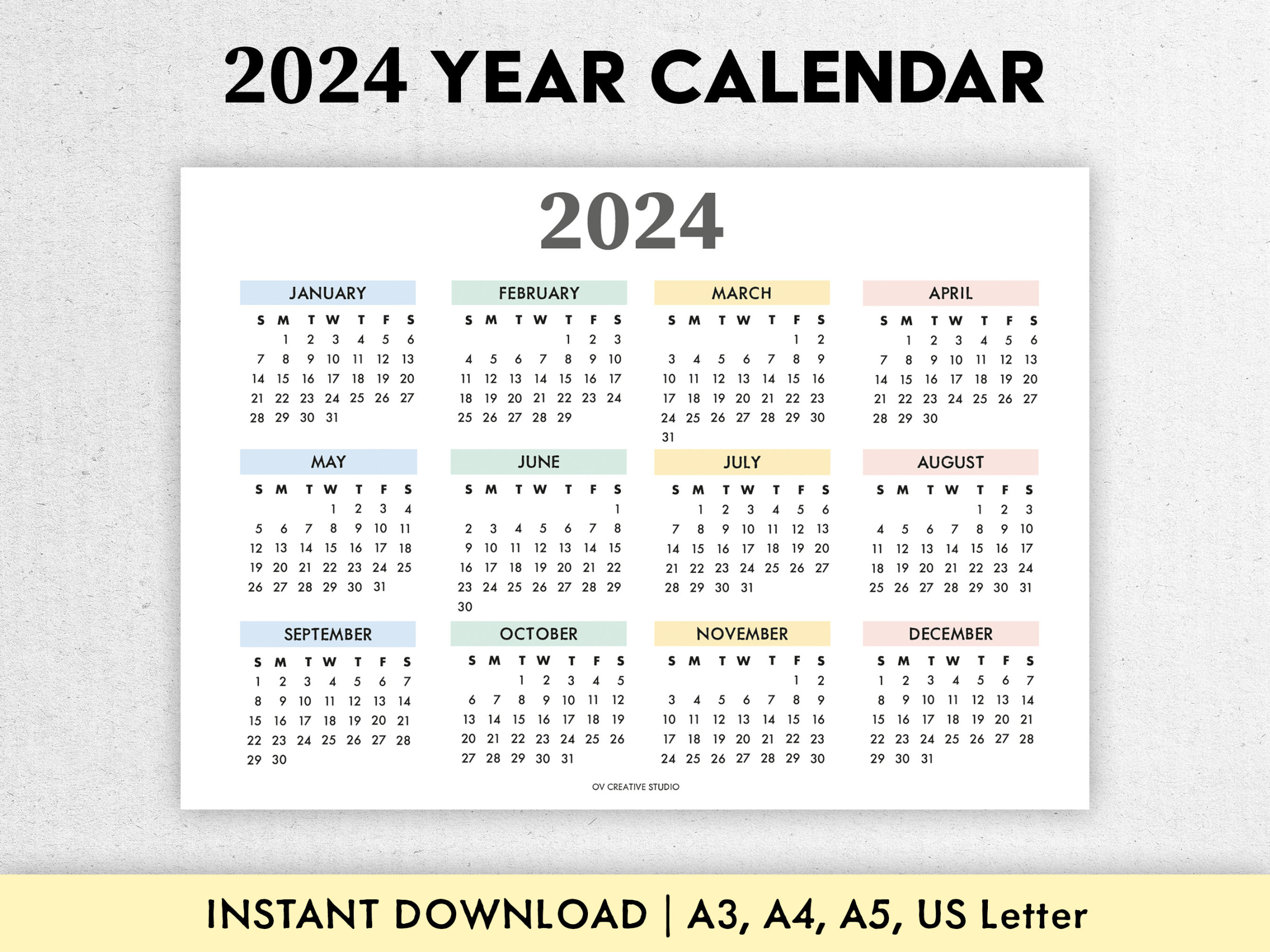 Year Calendar Printable Year at a Glance Digital Download