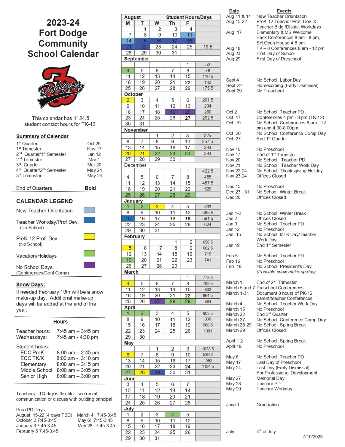 Calendar  Fort Dodge Community School District