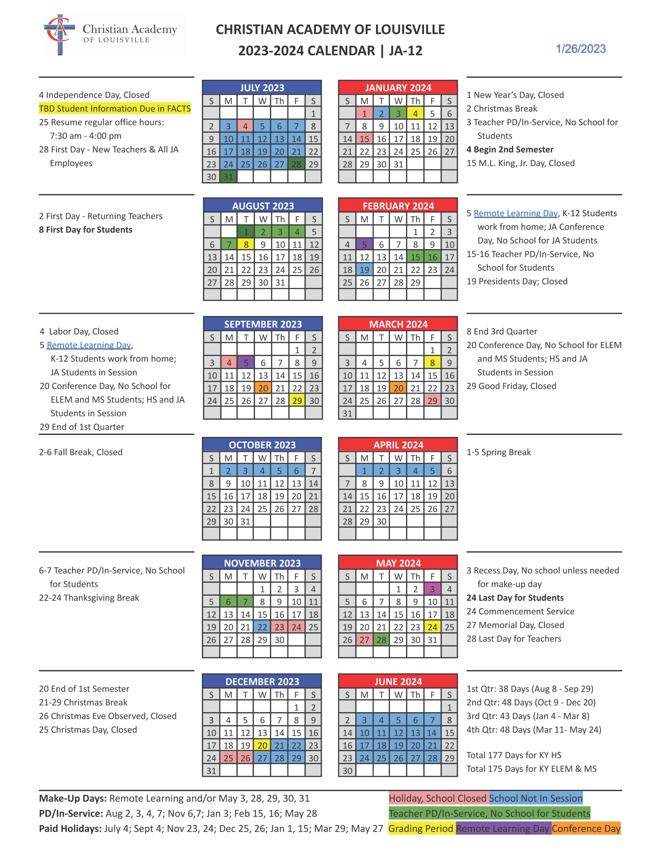 Calendars  Christian Academy School System